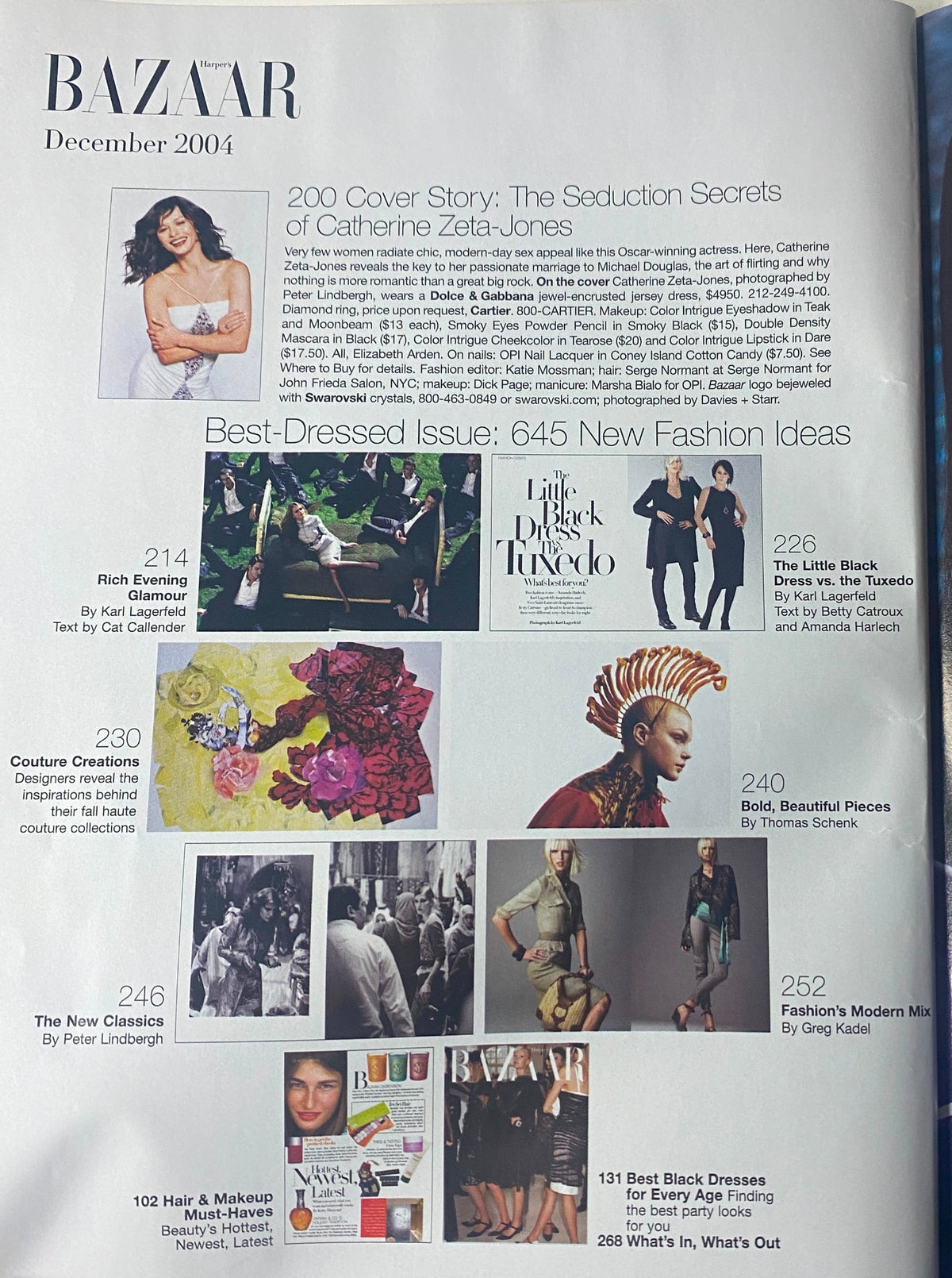 Inside layout of Harper's Bazaar December 2004, including featured stories on Catherine Zeta-Jones and fashion ideas from the Best Dressed Issue.
