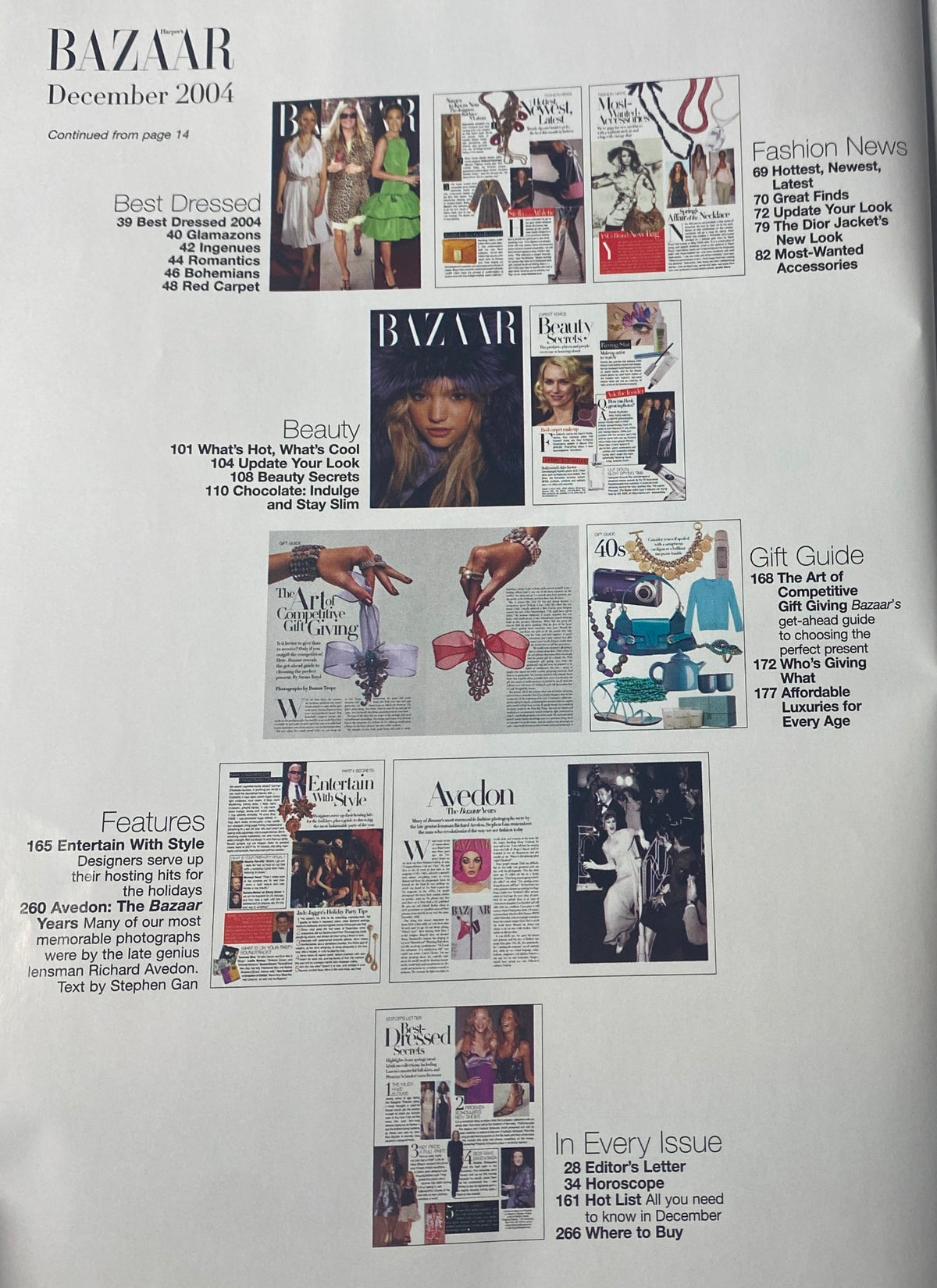 Harper's Bazaar December 2004 magazine spread featuring Best Dressed, Beauty section, and Gift Guide for the holiday season.