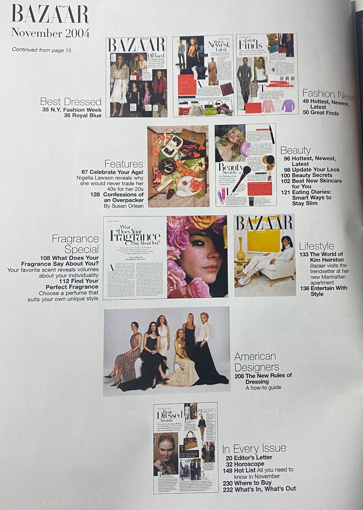 Continuation of the inside pages from Harper's Bazaar Magazine November 2004 with a focus on features, beauty, and lifestyle articles.