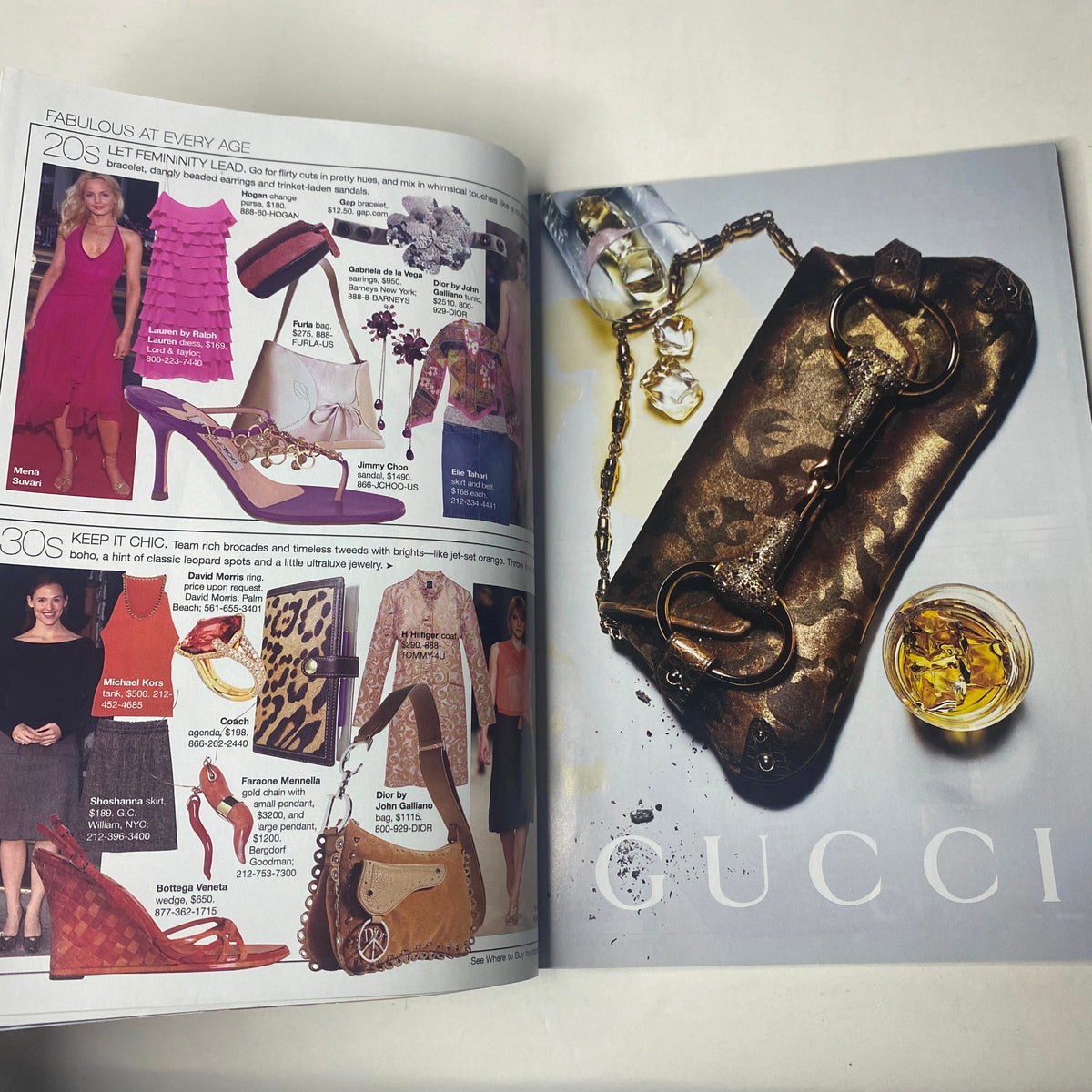 Spread from Harper's Bazaar Magazine November 2004 featuring Gucci products and fashion advice for women.