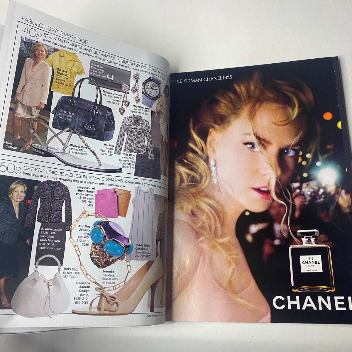 Fabulous at Every Age feature from Harper's Bazaar Magazine November 2004, showcasing Nicole Kidman with Chanel No. 5 fragrance and fashionable accessories.