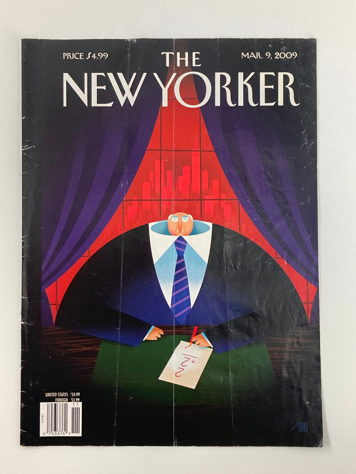 COVER ONLY The New Yorker March 9 2009 Theme Cover downsized by Bob Staake with vibrant colors, showing a character in formal attire against a dramatic backdrop.