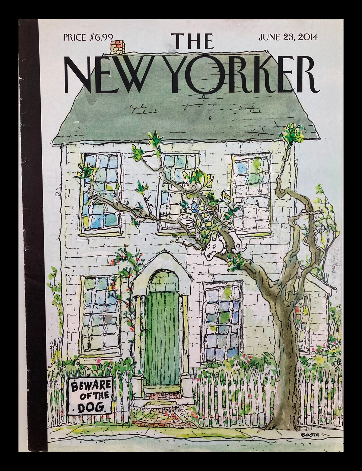 Cover of The New Yorker from June 23, 2014, featuring whimsical artwork by G. Booth depicting a charming house with a dog. Perfect for collectors of The New Yorker.