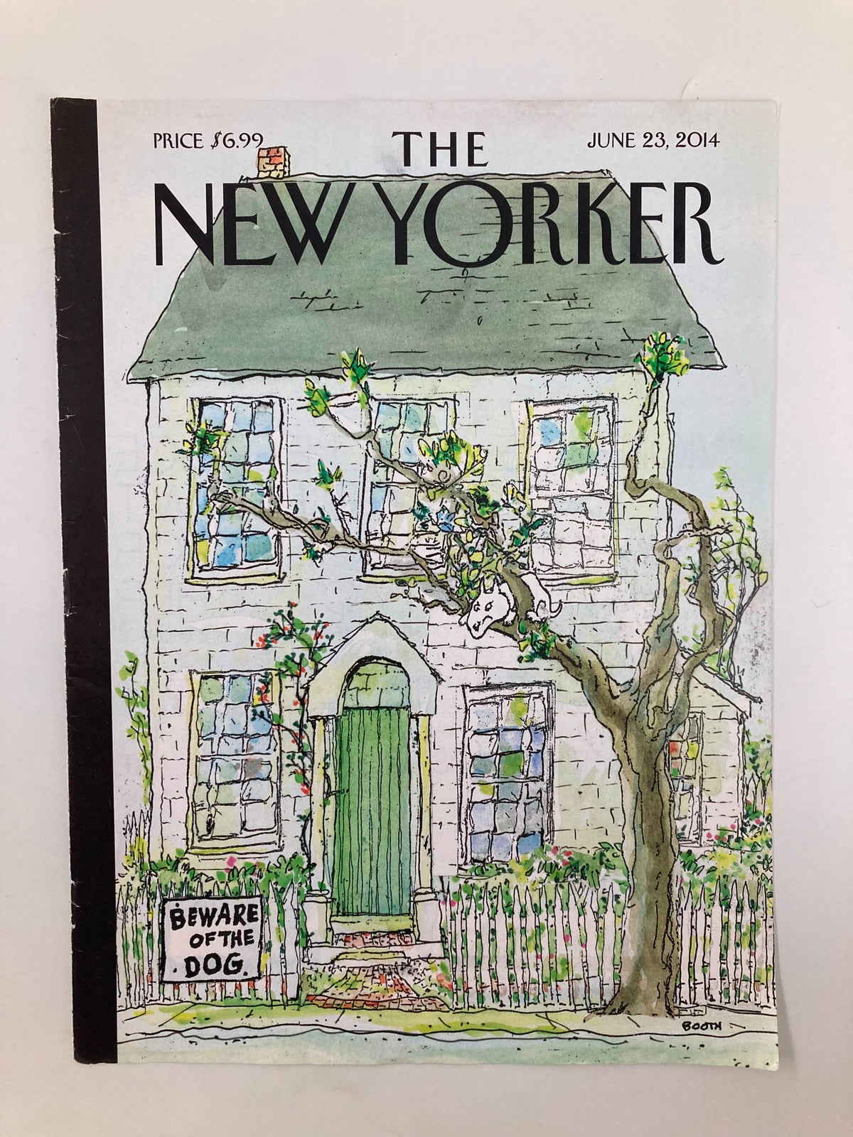 Cover of The New Yorker from June 23, 2014, featuring a whimsical illustration of a house with a tree, three sisters, and a dog by artist G. Booth, entitled 'COVER ONLY The New Yorker June 23 2014 Brooklyn Three Sisters Dog'.