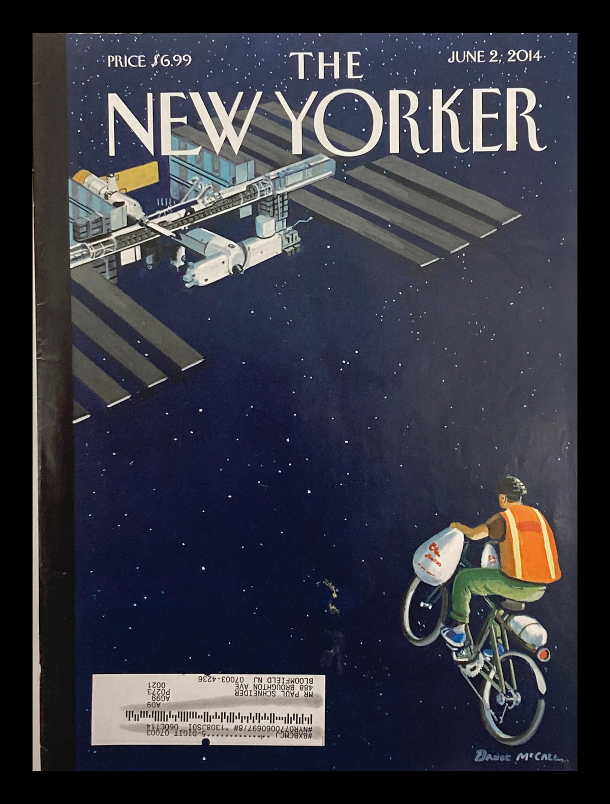 Cover of The New Yorker dated June 2, 2014, featuring artwork by Bruce McCall, depicting a whimsical scene with a cyclist and a space background.