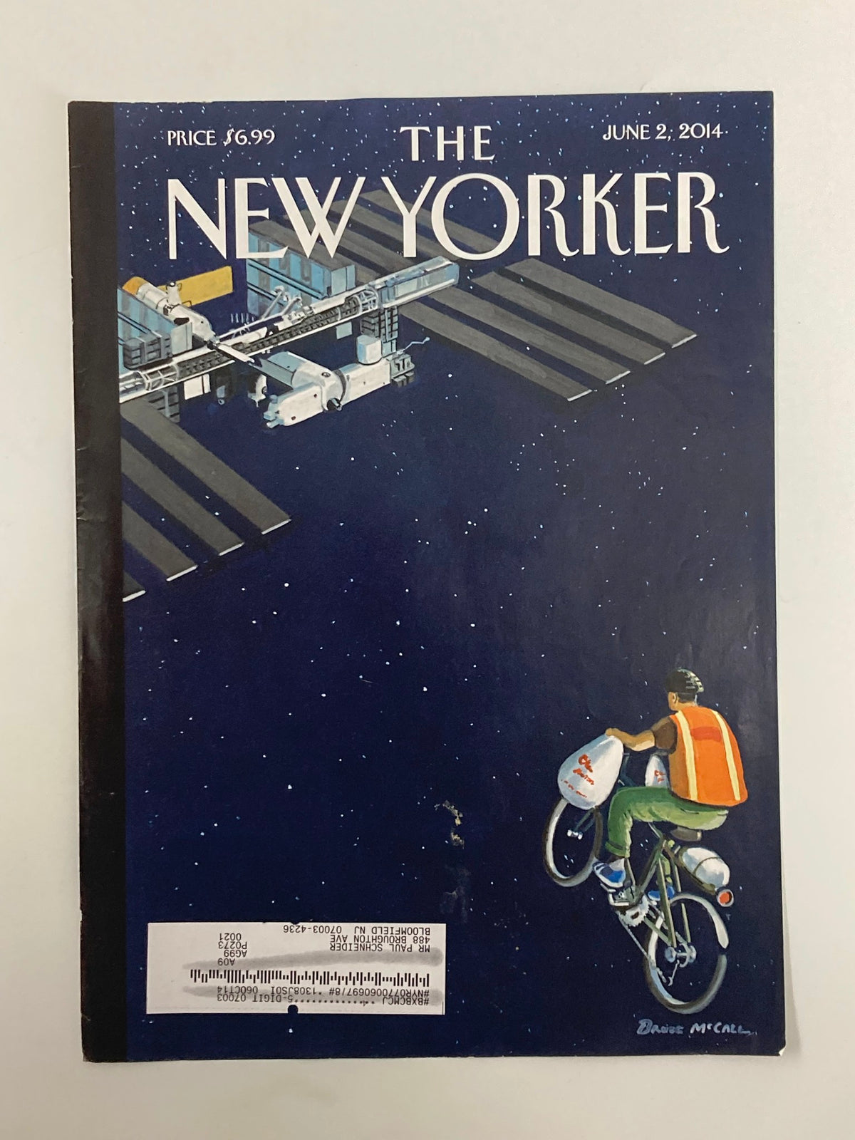 The New Yorker June 2 2014 Theme Cover by Bruce McCall, featuring an imaginative illustration of a cyclist in a reflective space theme, perfect for art enthusiasts and collectors.