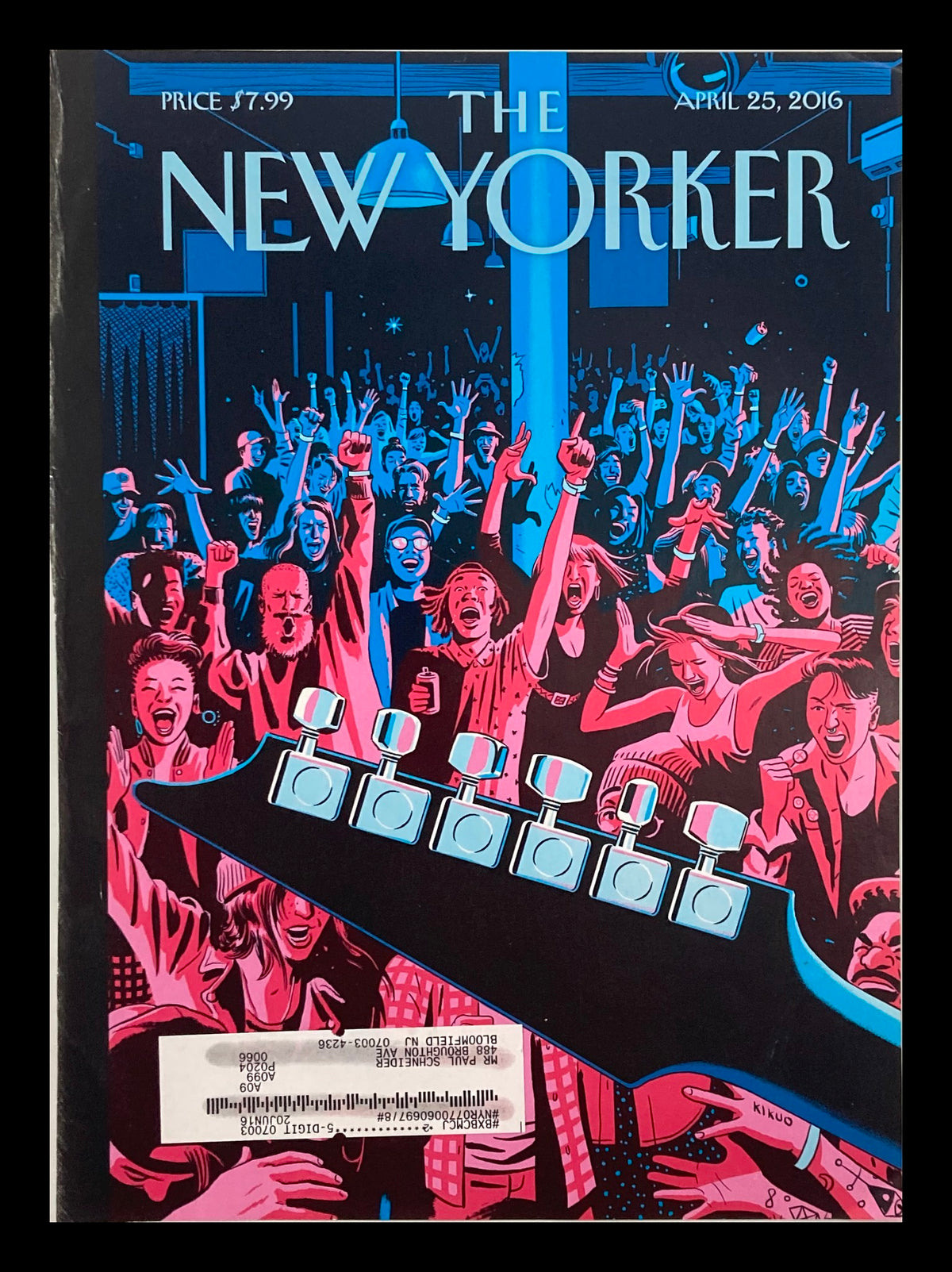 Cover of The New Yorker, April 25, 2016, titled 'Closing Set' by R. Kikou Johnson featuring a vibrant and colorful crowd scene with joyful audience members.