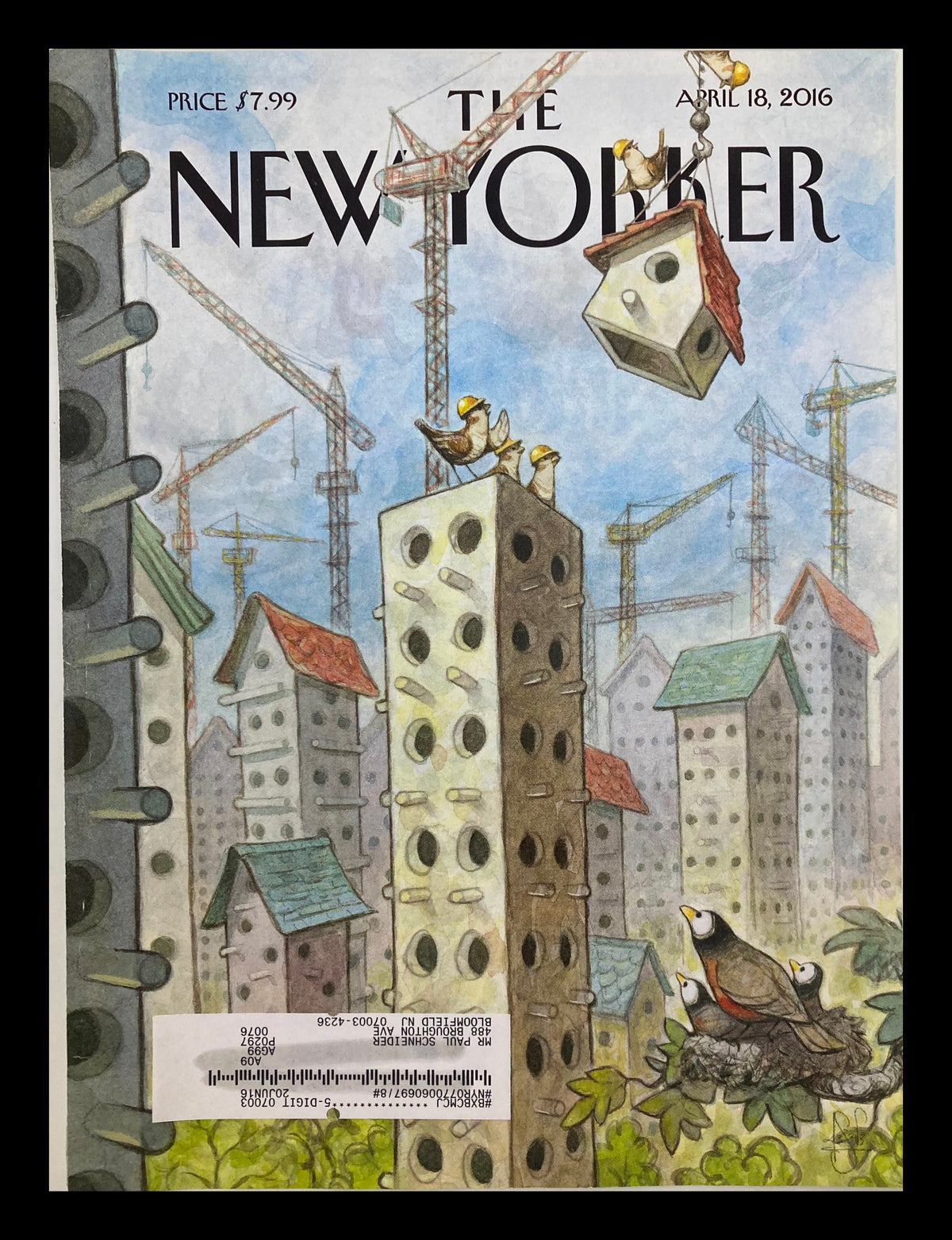 Cover of The New Yorker dated April 18, 2016, illustrated by Peter de Seve. Features whimsical depiction of luxury coops amidst construction cranes and urban scenery.