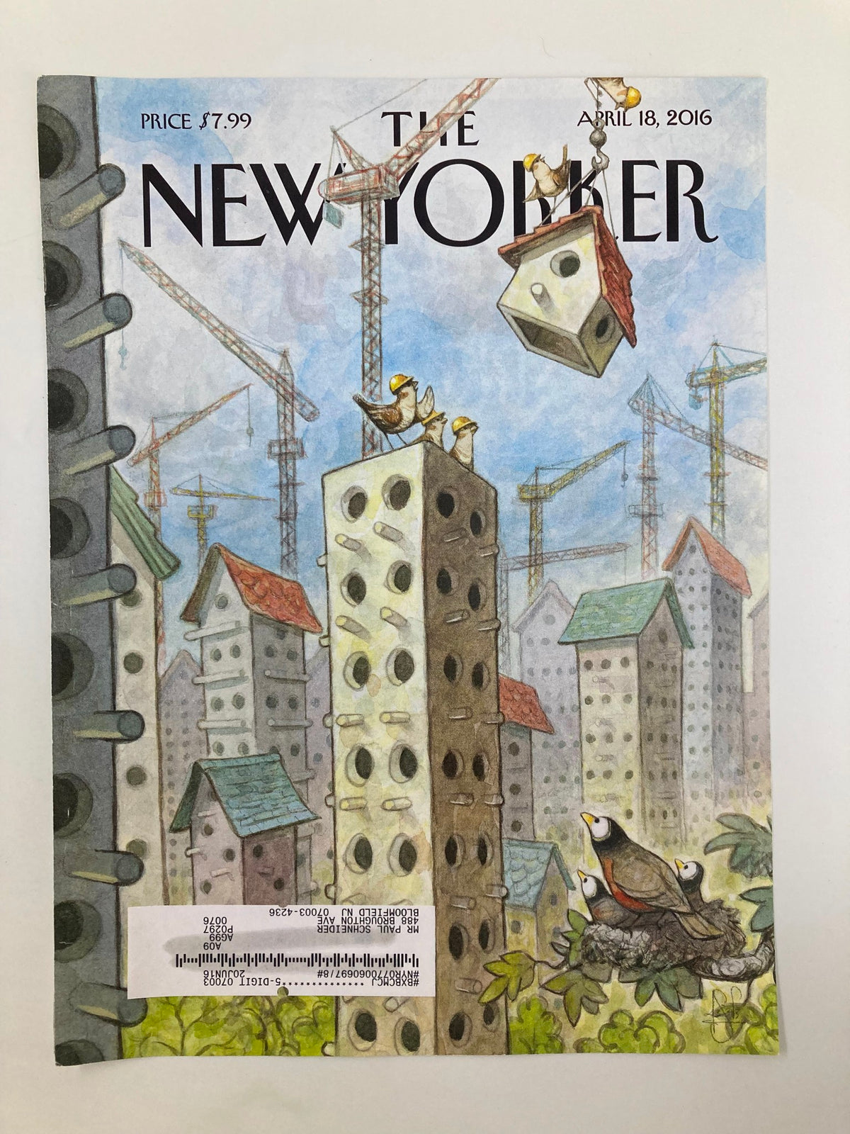 Cover of The New Yorker dated April 18, 2016, featuring artwork by Peter de Seve. Illustrates birds and luxury coops set against an urban landscape with cranes.