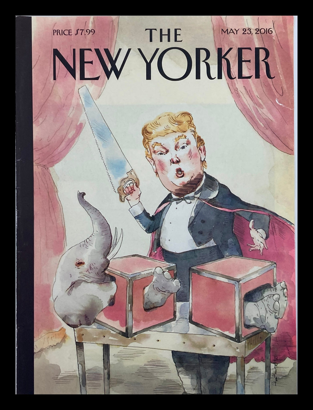Cover of The New Yorker May 23 2016 featuring a satirical illustration of Donald Trump holding a sword, with an elephant and human feet displayed on a table.