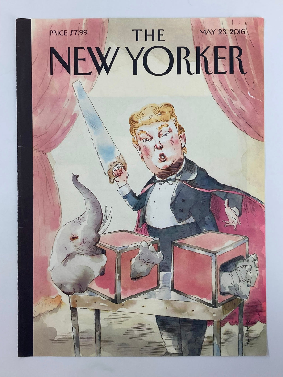 Cover of The New Yorker May 23 2016 showcasing a caricature of Donald Trump in a tuxedo, brandishing a sword, with whimsical illustrations of an elephant and feet.