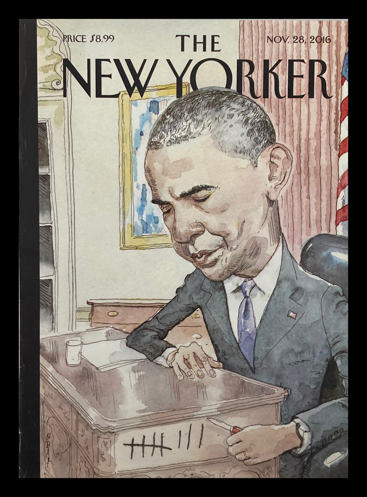 Cover of The New Yorker November 28 2016 featuring an illustration of Barack Obama by Barry Blitt, depicting Obama at a desk with a thoughtful expression.