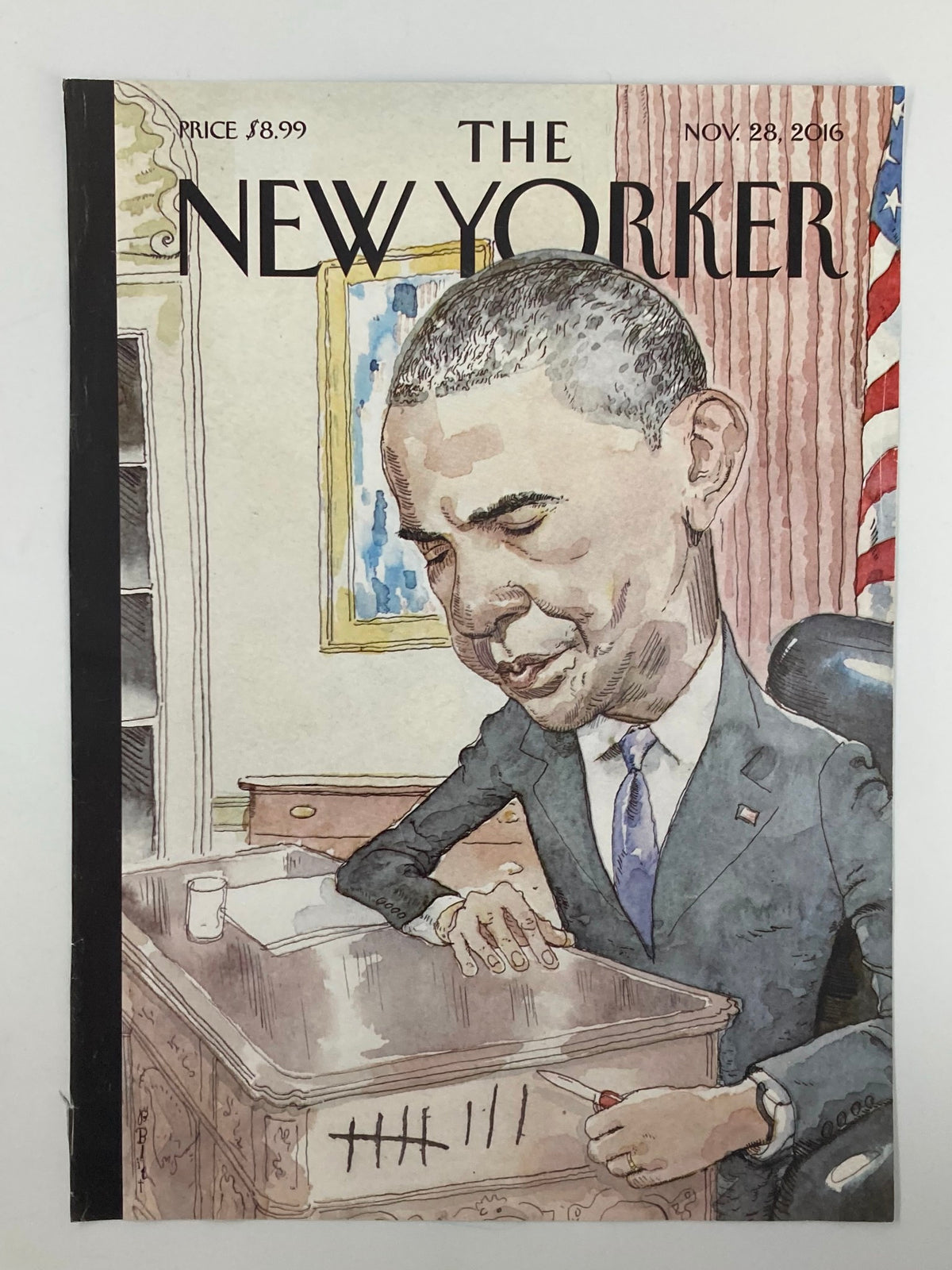 Cover of The New Yorker November 28 2016 featuring a detailed illustration of Barack Obama by Barry Blitt, showing Obama at a desk, reflecting on his presidency.