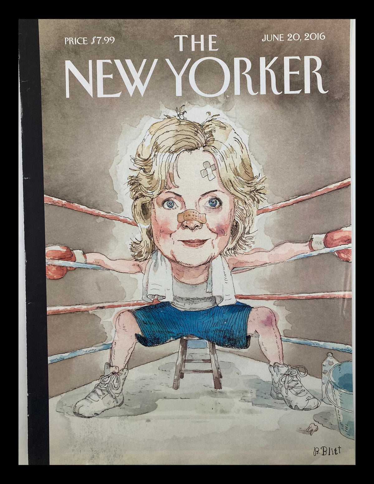 Cover of The New Yorker dated June 20, 2016, featuring a caricature illustration of Hillary Clinton by Barry Blitt, depicting her in a boxing ring.