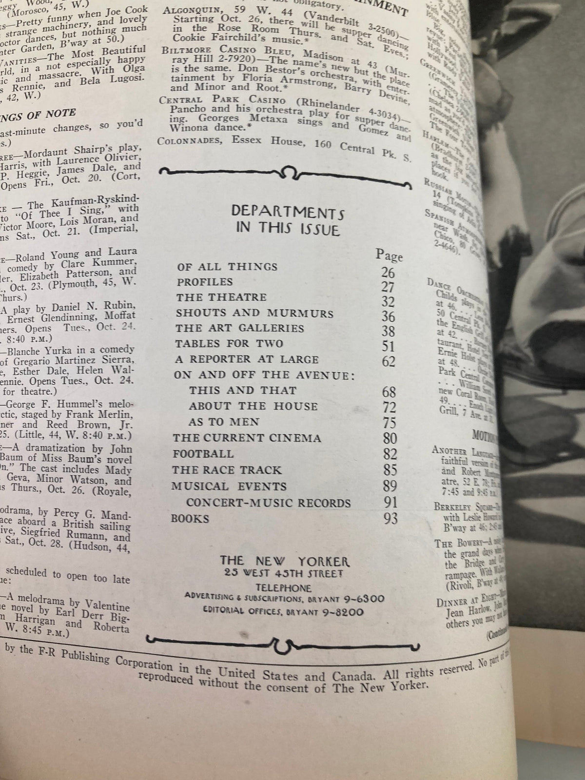 Table of Contents from The New Yorker Magazine October 21 1933 featuring sections on Football, Theatre, and Art Galleries.