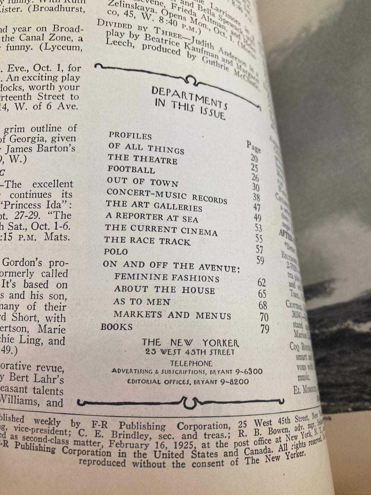 Interior page of The New Yorker Magazine September 29 1934 displaying the table of contents, outlining articles and sections featured in this historical issue.
