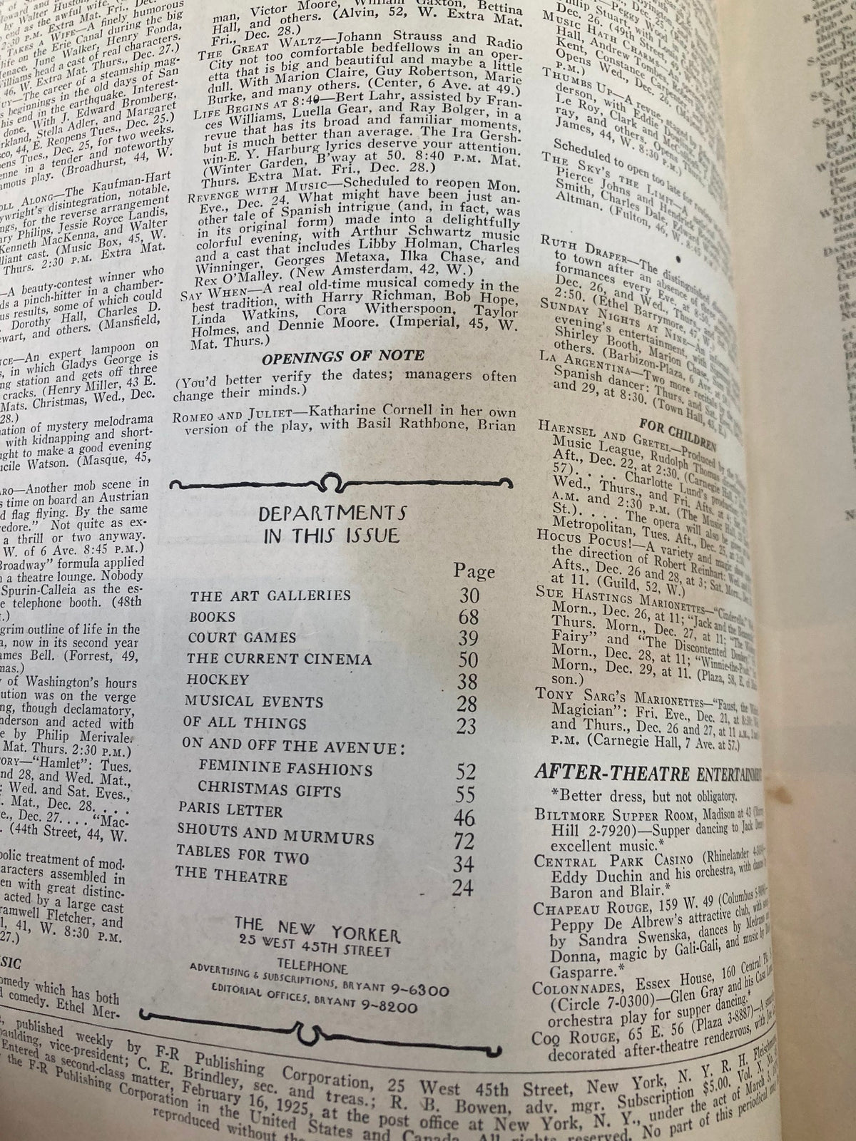 Interior page of The New Yorker Magazine December 22 1934 showing a list of contents and article highlights from the vintage publication.
