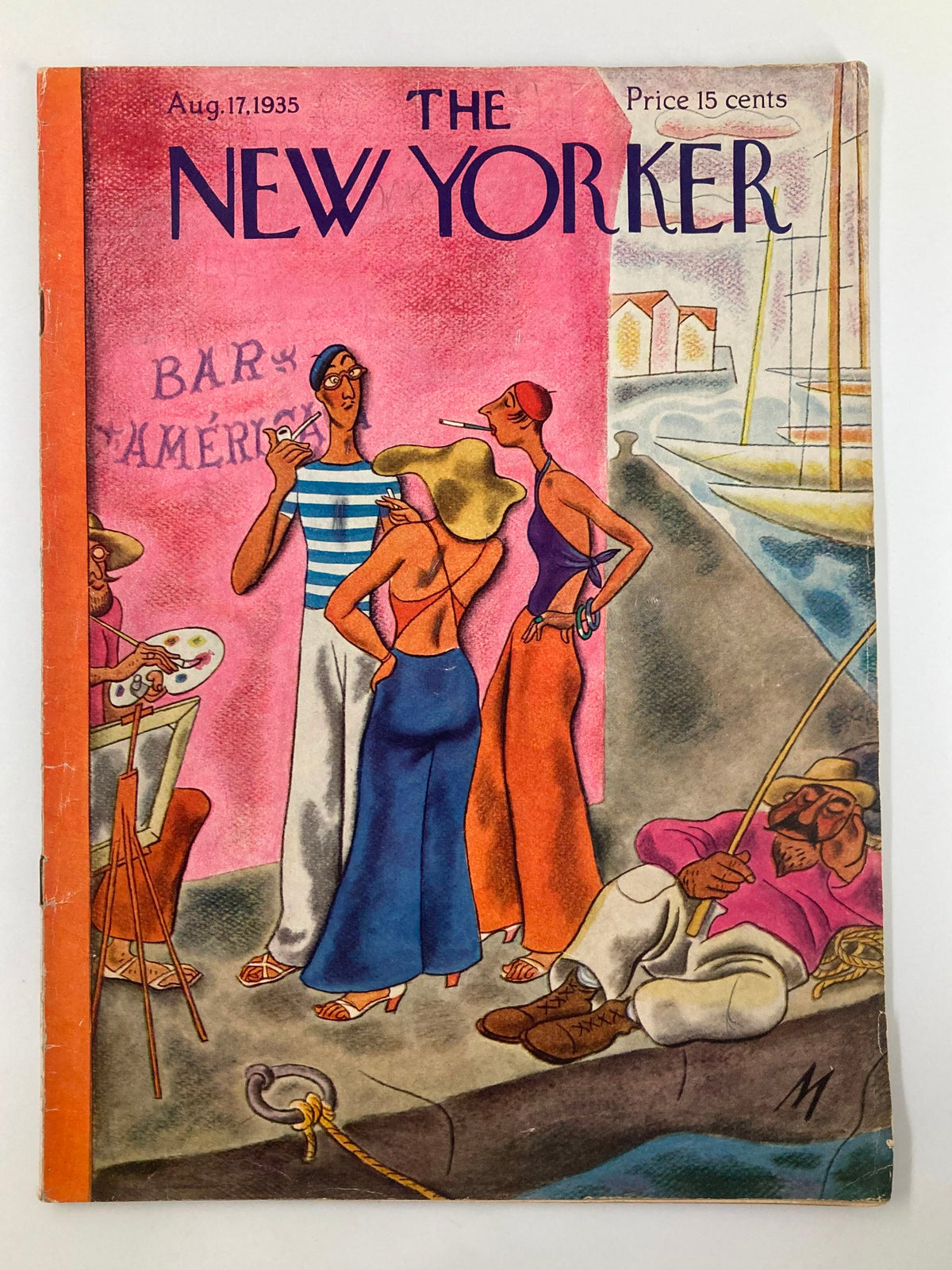 Cover of The New Yorker Magazine from August 17, 1935, featuring the artwork "Smoke Break" by Julian de Miskey, showcasing colorful characters by the seaside.