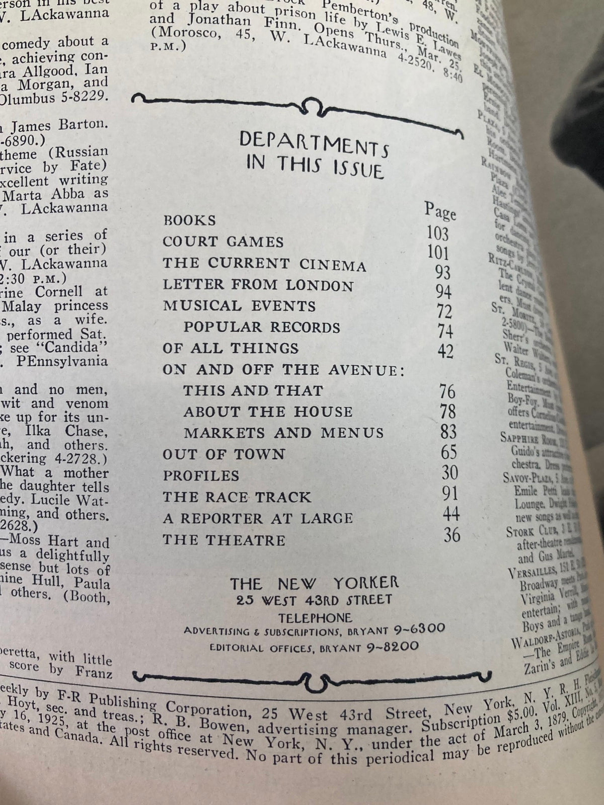 Table of contents page from The New Yorker Magazine March 20, 1937, highlighting various departments and articles within the issue.