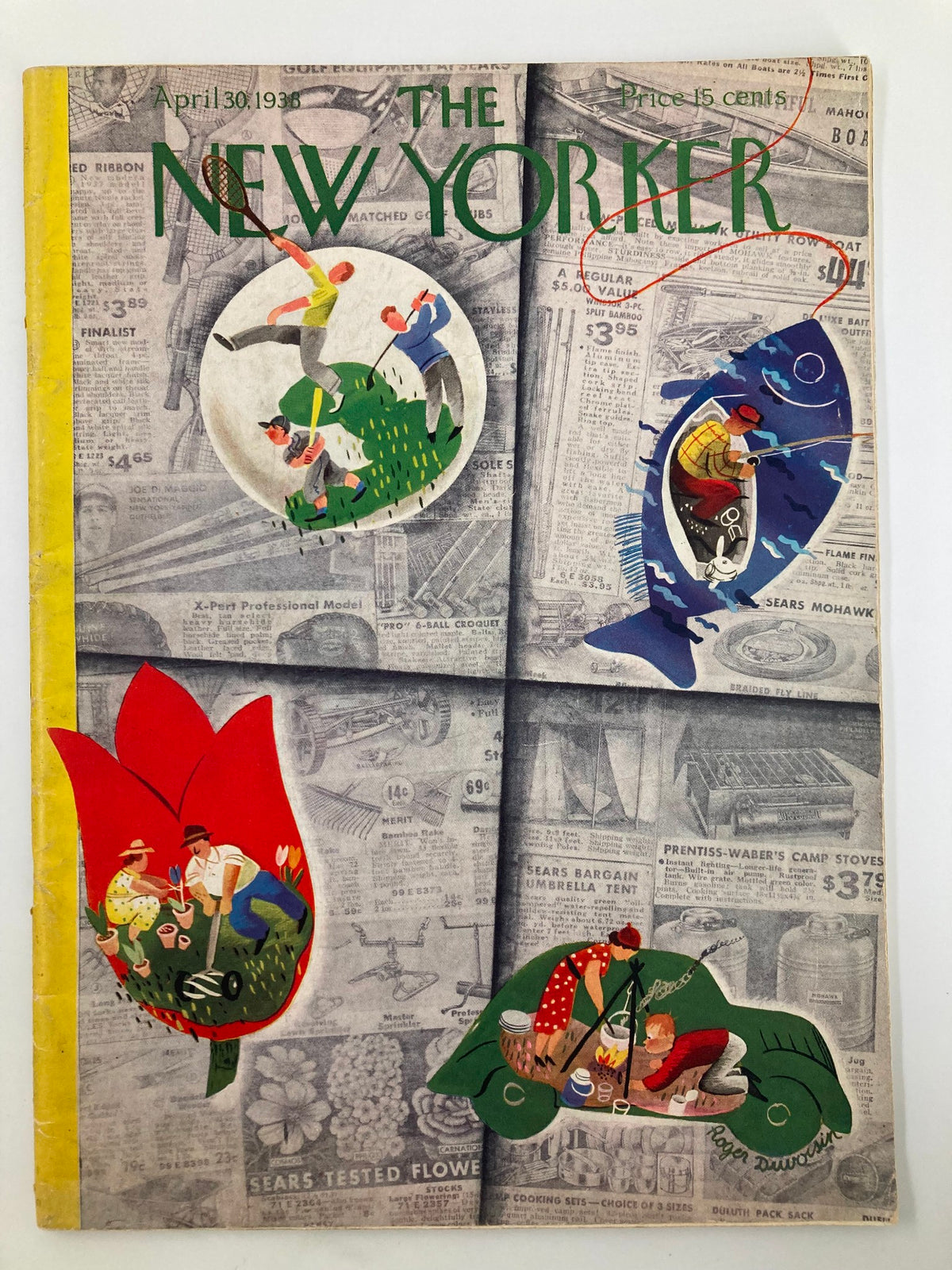 Cover of The New Yorker Magazine April 30 1938 featuring colorful illustrations depicting summer activities, including sports and nature themes, designed by Roger Duvoisin.