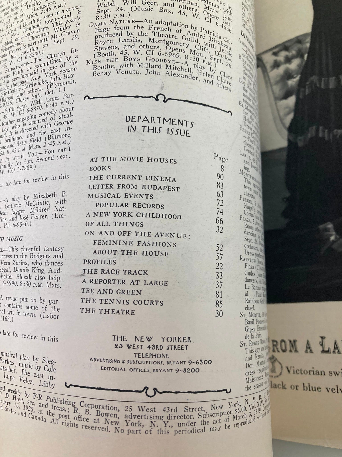 Interior page showing the table of contents of The New Yorker Magazine September 24 1938, listing various articles and their corresponding pages, reflecting the cultural topics of the time.