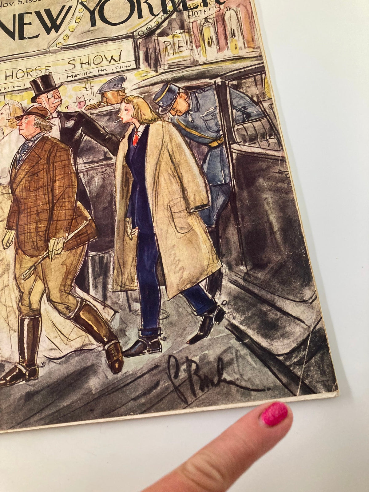 Close-up view of the cover of The New Yorker Magazine November 5, 1938, highlighting the signature of artist Perry Barlow on the illustration 'Final Horse Show'.