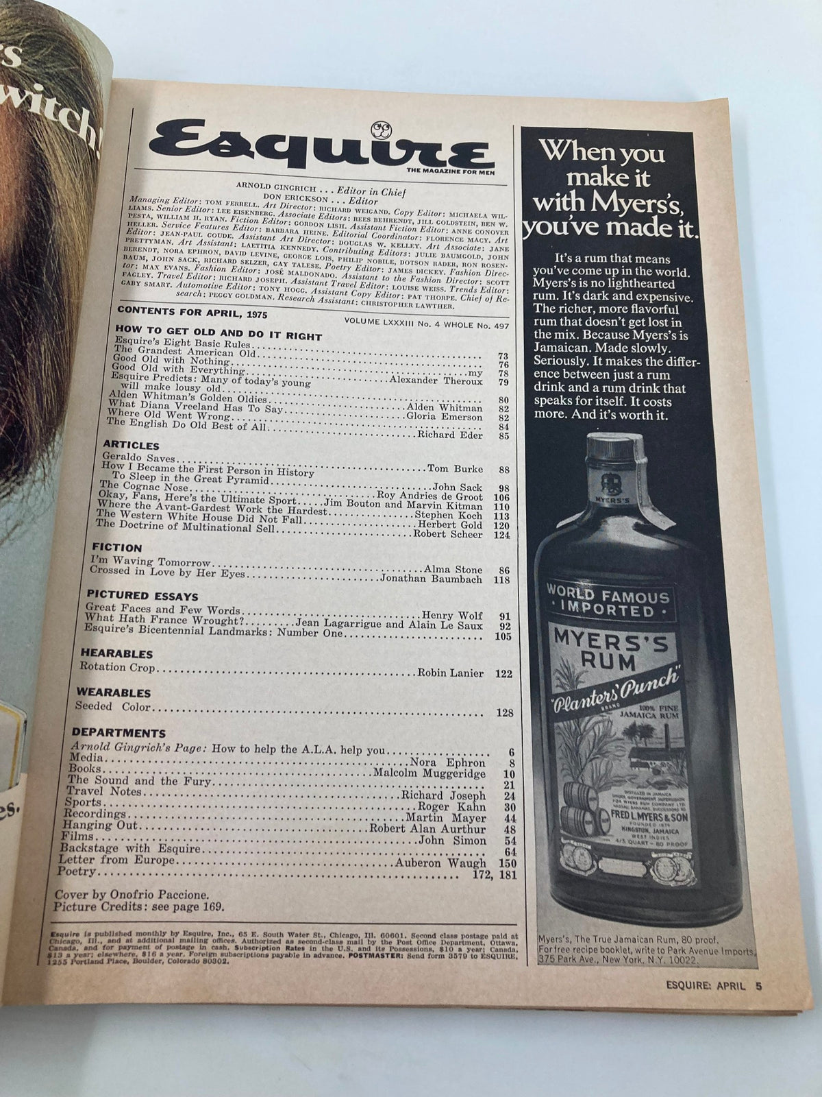 Inside page of VTG Esquire Magazine April 1975 displaying the contents section with a list of articles and features, encapsulating nostalgic 1970s magazine design.