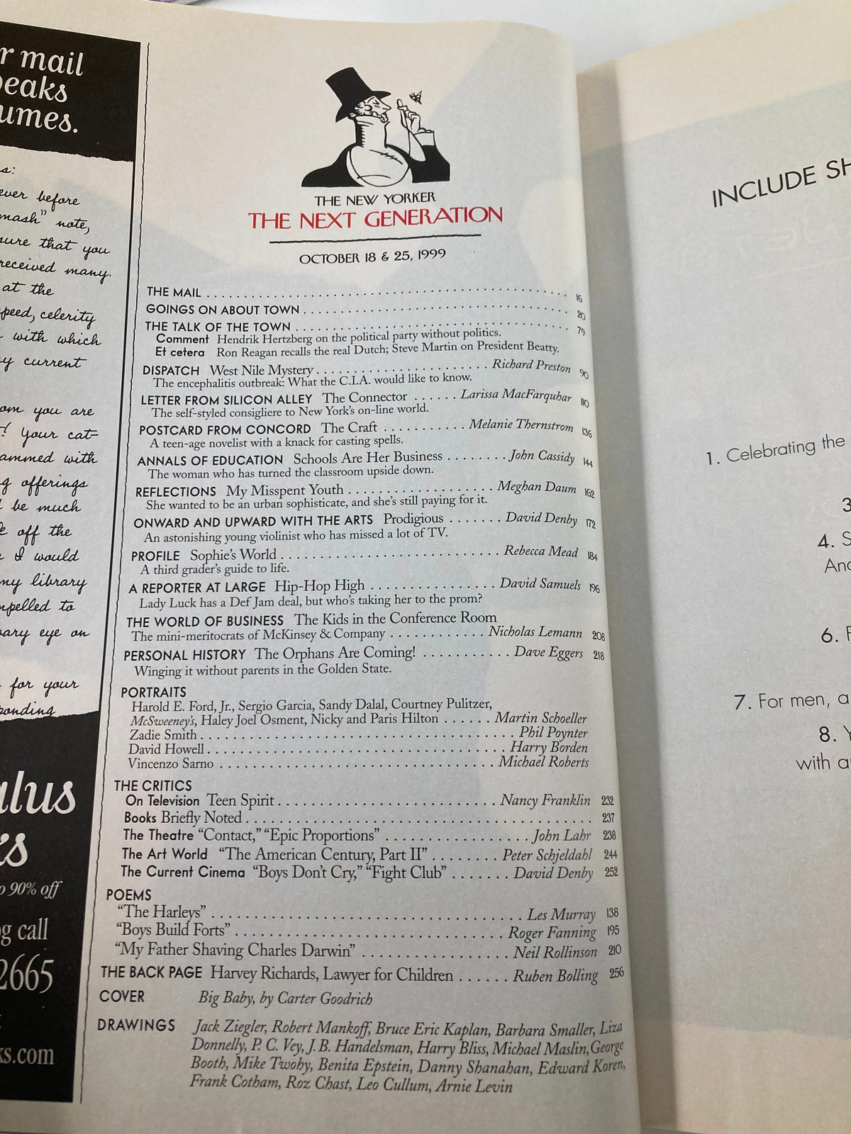 Table of contents page from The New Yorker Magazine, October 18 & 25, 1999, displaying editorial highlights including articles and illustrations.