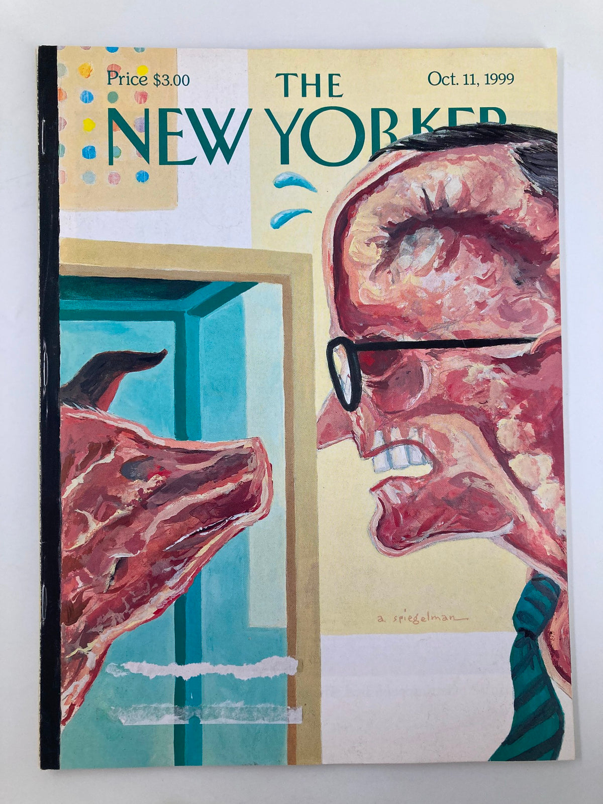 Cover of The New Yorker Magazine from October 11, 1999, titled 'Open-Minded Mayor,' illustrated by Art Spiegelman, featuring a striking artistic depiction of a confrontation.