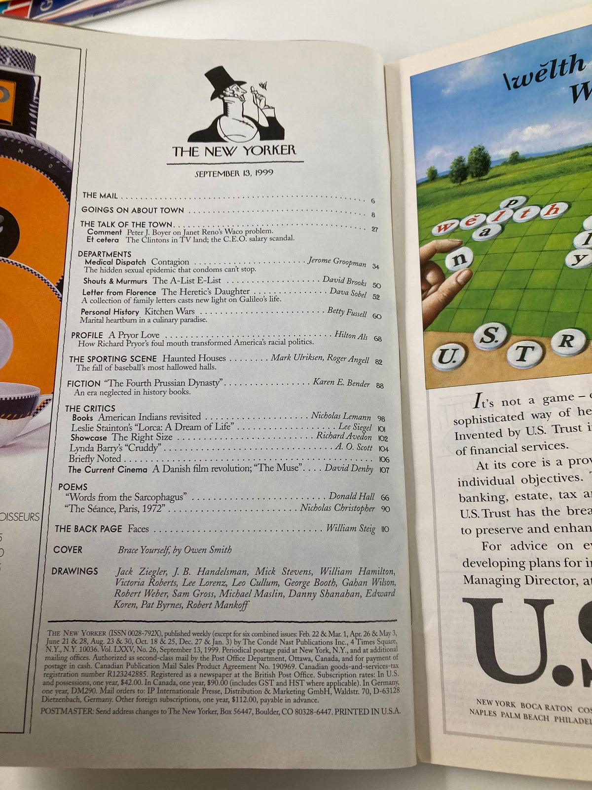 Inside page of The New Yorker Magazine September 13, 1999, showing the table of contents with various articles and illustrations, including the cover titled "Brace Yourself" by Owen Smith.