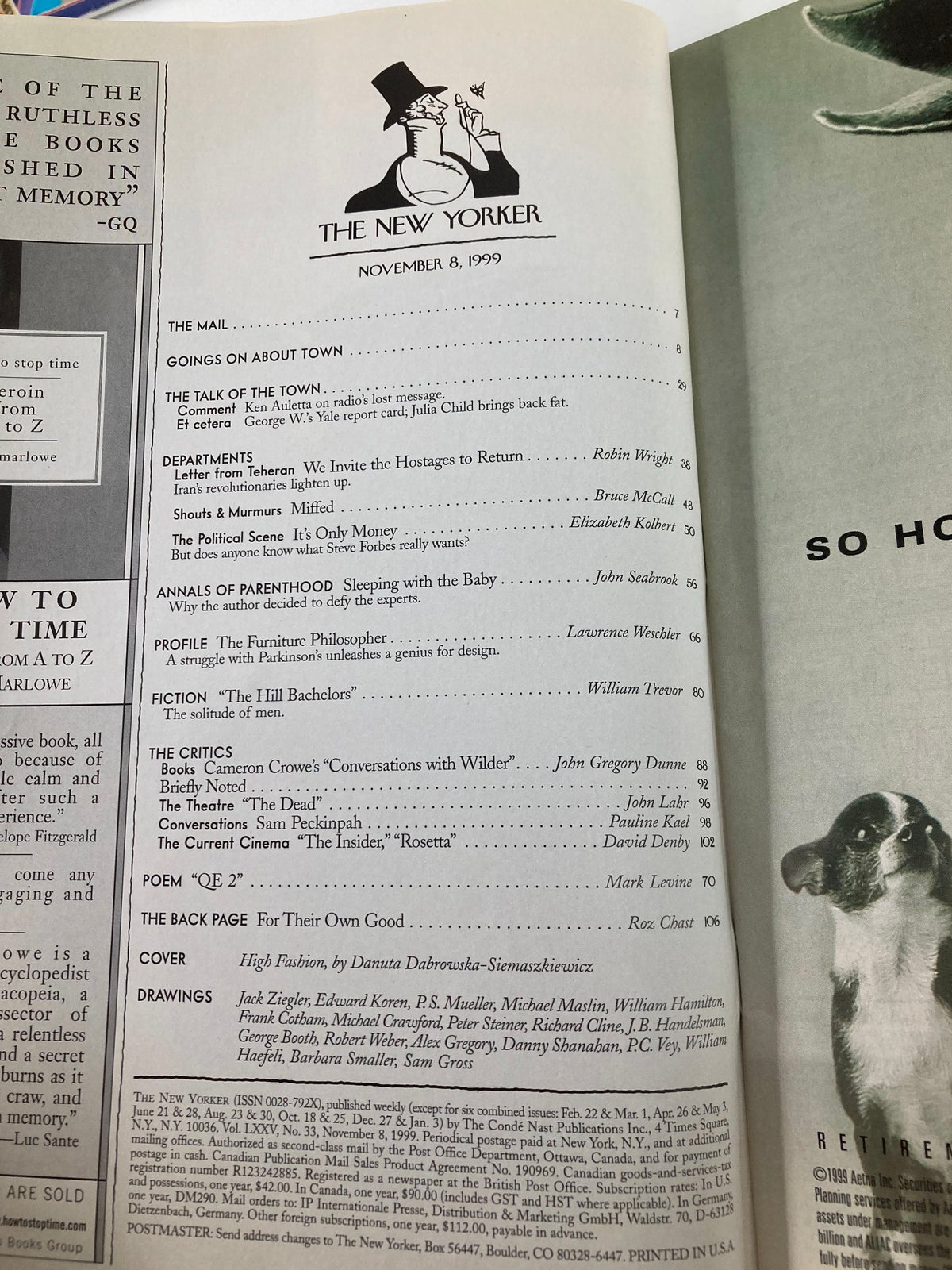 Interior page of The New Yorker Magazine from November 8, 1999 featuring the table of contents and articles, including a cover by Danuta Dabrowska titled 'High Fashion'.
