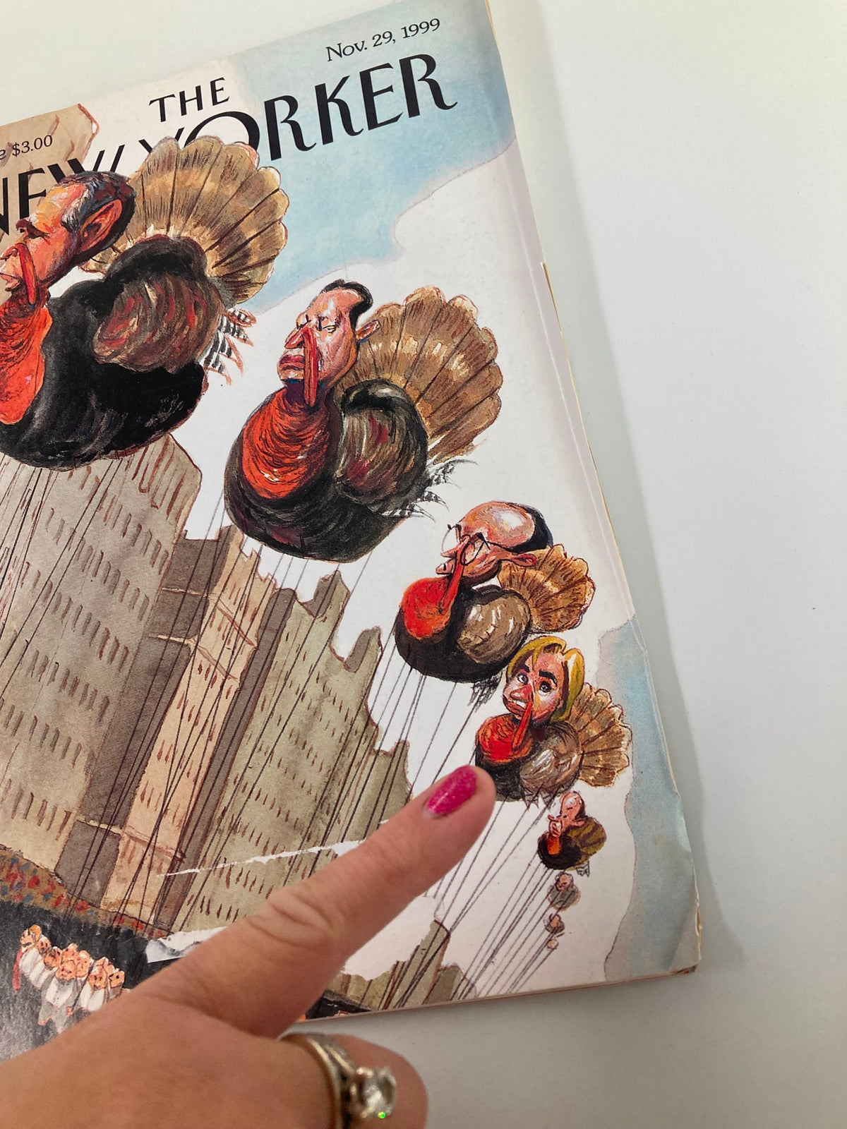 Close-up of The New Yorker Magazine cover from November 29, 1999, illustrating the Turkey Day artwork by Steve Brodner, showcasing whimsical turkey balloons with exaggerated human features.