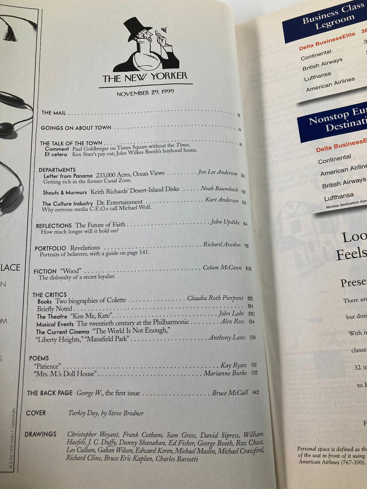 Inside page of The New Yorker Magazine, November 29, 1999, displaying the table of contents with featured articles and the cover story titled Turkey Day by Steve Brodner.