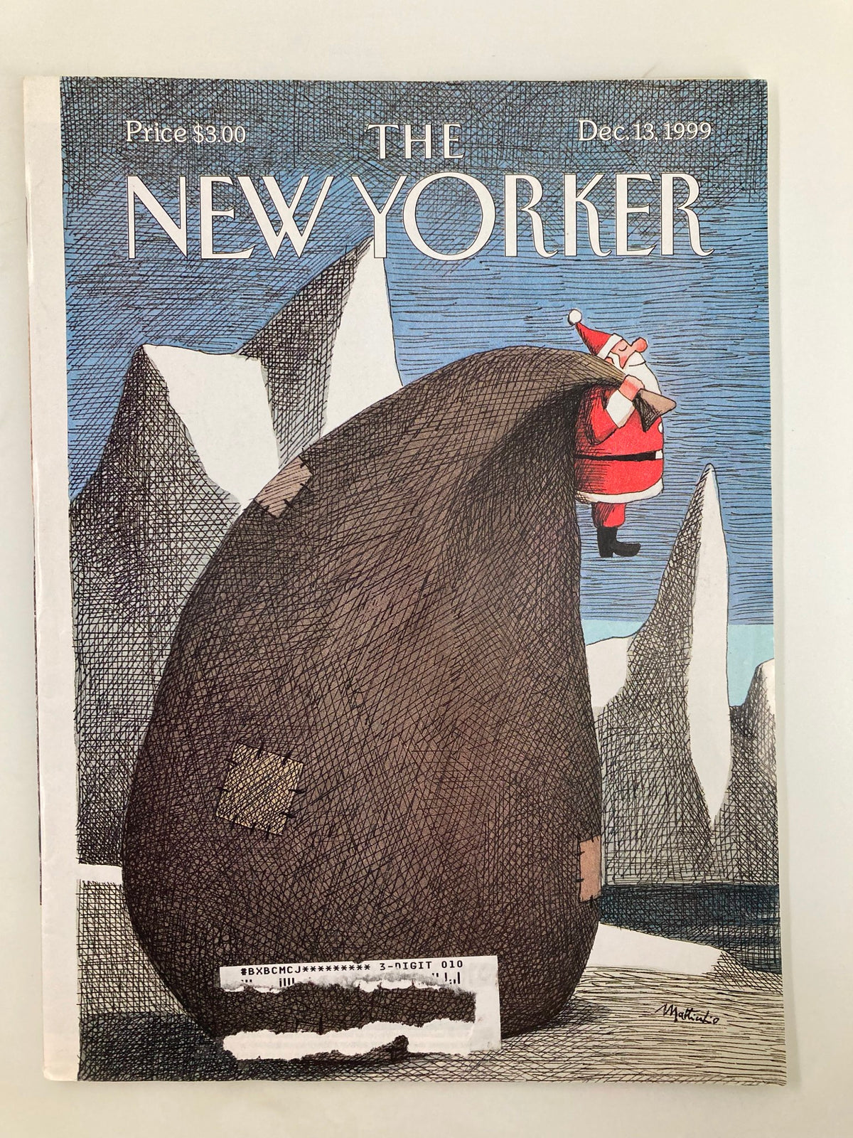 Cover of The New Yorker Magazine December 13, 1999 featuring the illustration 'The Big Bag' by Franco Matticchio, showcasing a Santa Claus figure with a large bag against a blue and mountainous backdrop.