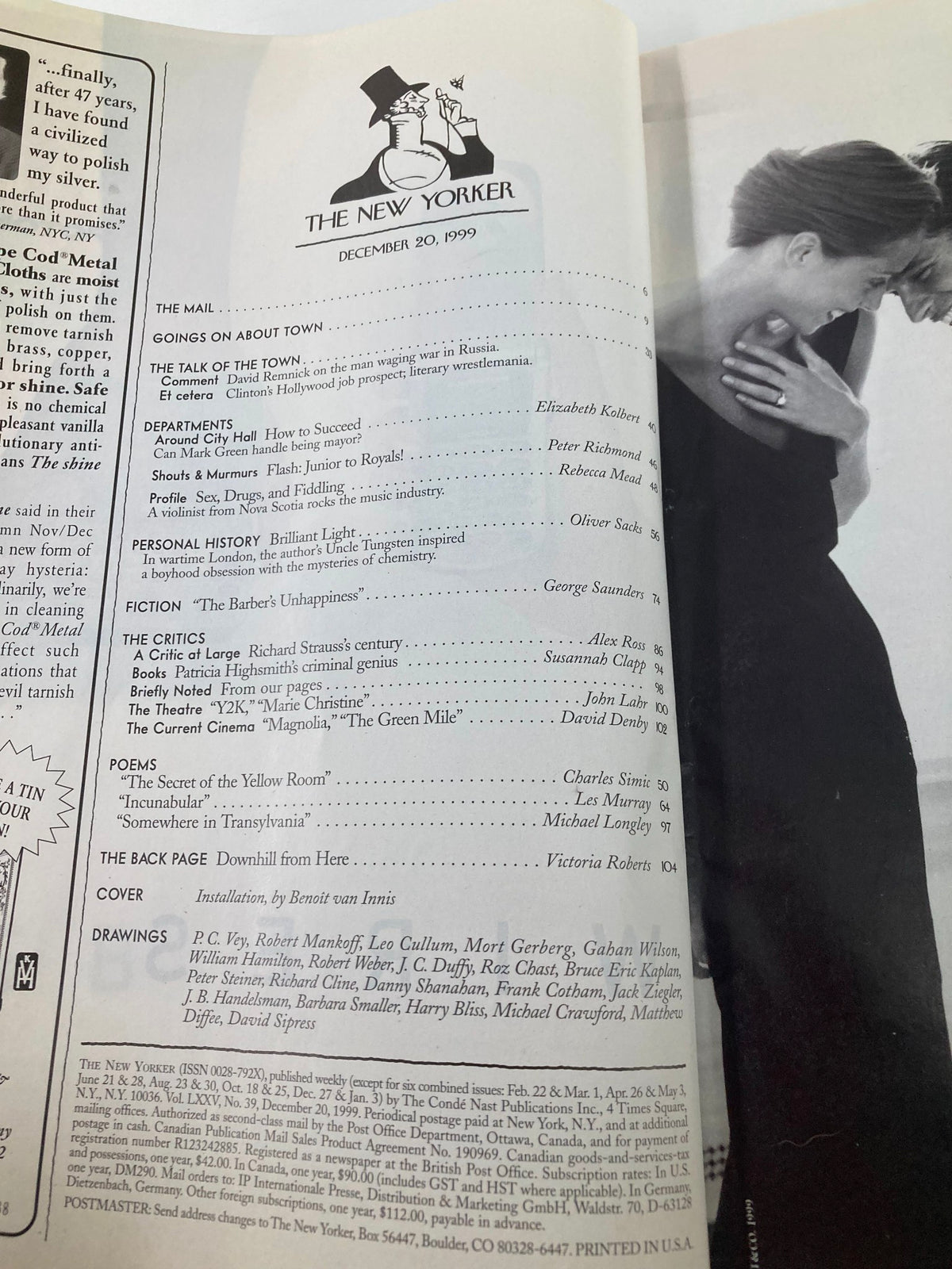 Interior page of The New Yorker Magazine December 20, 1999 displaying the table of contents, showcasing various articles, stories, and illustrations, along with a header featuring the magazine's logo.
