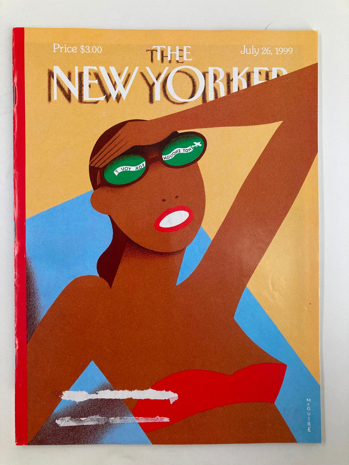 Cover of The New Yorker Magazine July 26, 1999 featuring the artwork 'Hot Enough For Your?' by Richard McGuire, illustrating a woman in a red bikini with sunglasses.