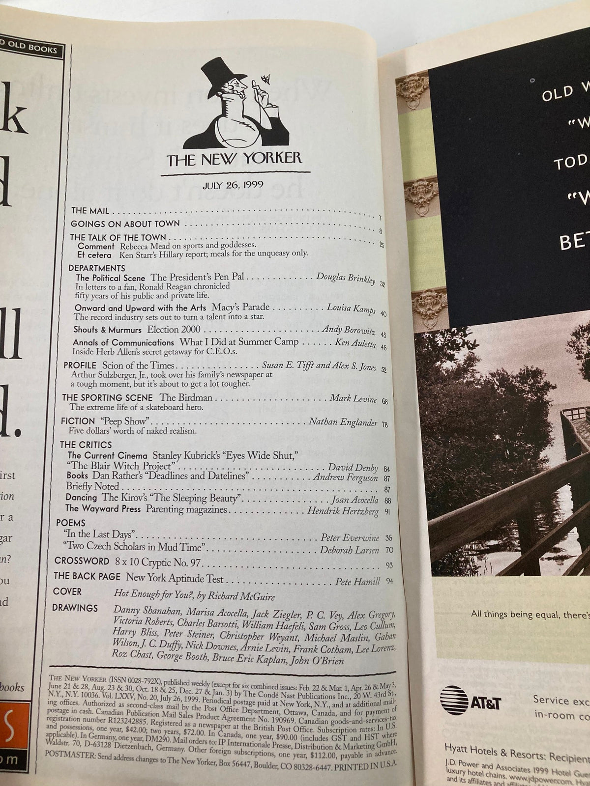 Interior page of The New Yorker Magazine July 26, 1999 showcasing the table of contents, highlighting articles and illustrations from that issue.
