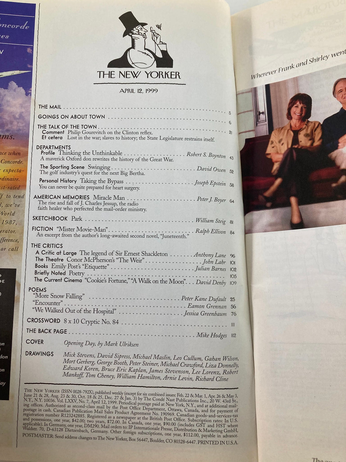 Inside page of The New Yorker Magazine, April 12, 1999, displaying the table of contents including various articles and features, highlighting the cultural significance of the issue.