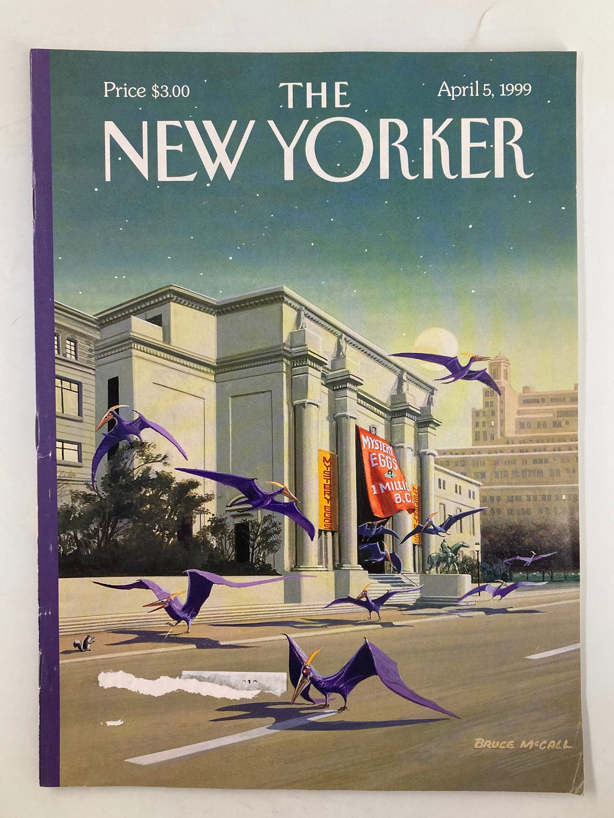 The New Yorker Magazine April 5 1999 cover art titled Easter Morning by Bruce McCall featuring whimsical flying pterosaurs against a night sky backdrop.