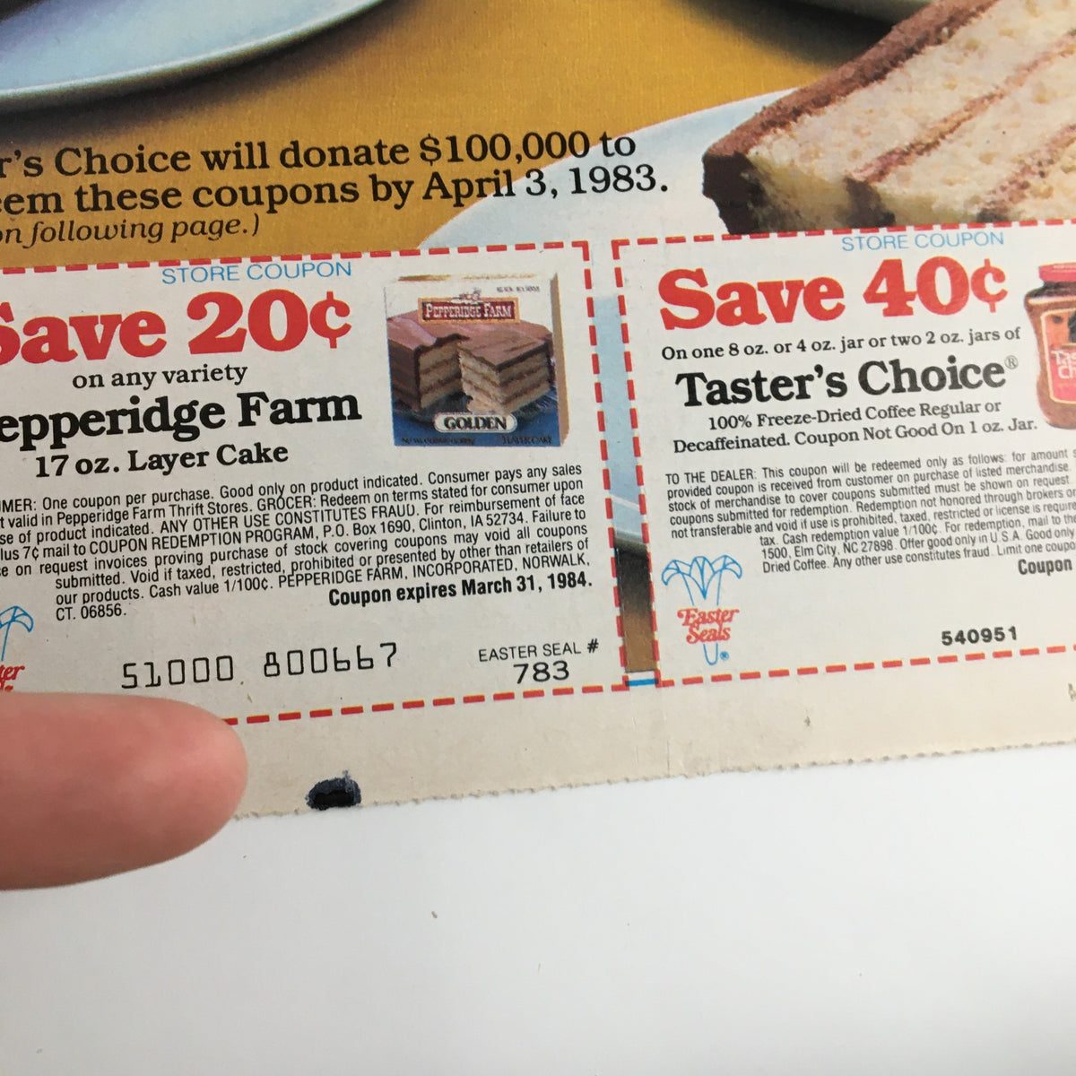 Close-up of the 1983 Pepperidge Farm Golden Cake & Folger's Coffee Coupon detailing savings on Pepperidge Farm products and Taster's Choice coffee.