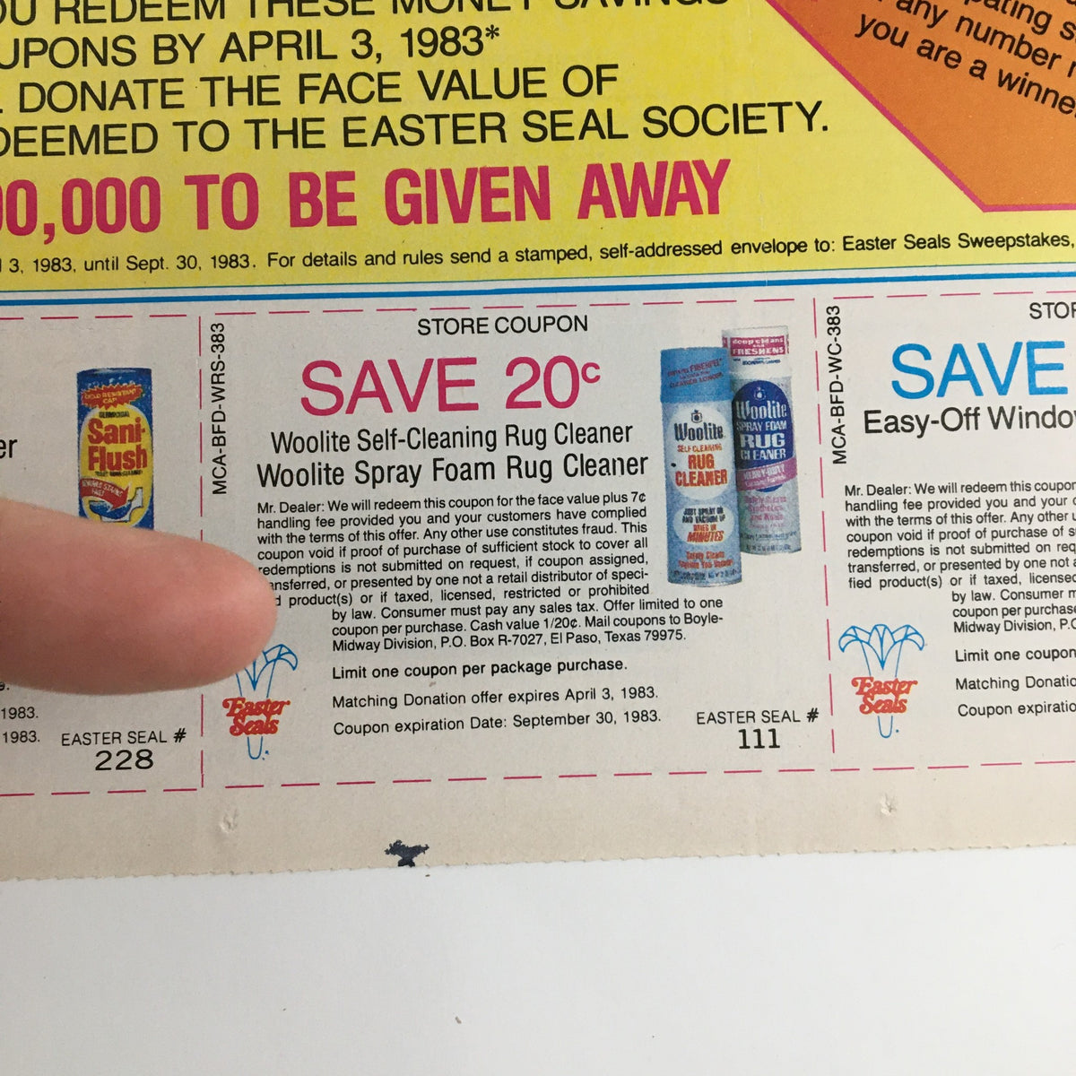 Close-up of 1983 Fine Brands Easter Seal Society Circular Coupon Advertisement showcasing a save coupon for Woolite Self-Cleaning Rug Cleaner with details about its expiration date.