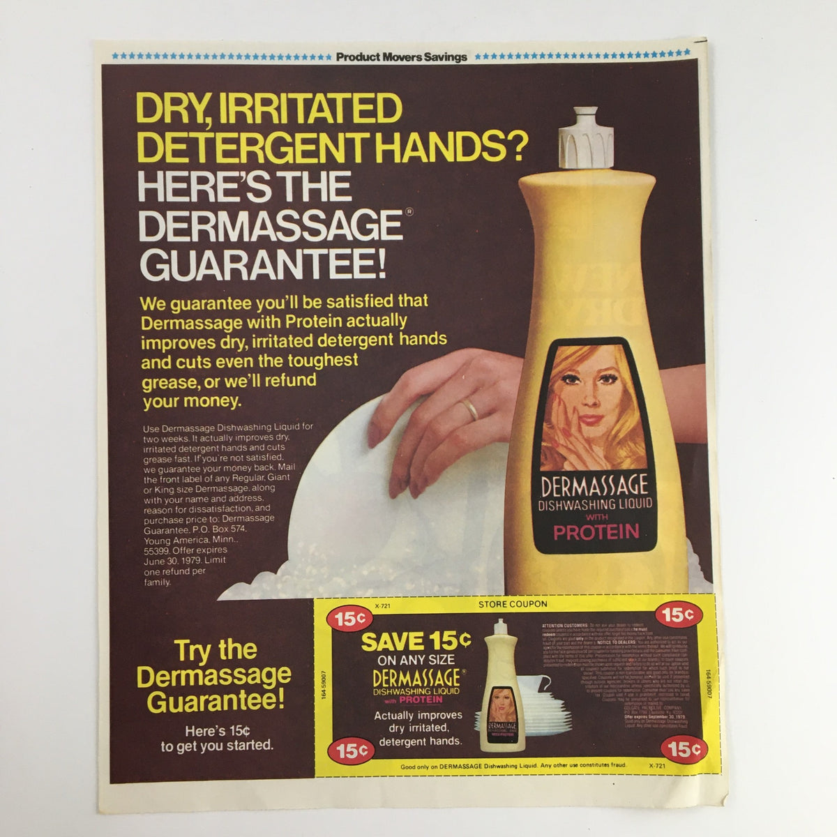 1980 Warner Bro's 9-Lives Dry Cat Food Circular Coupon Advertisement showcasing Dermassage dishwashing liquid with a guarantee for irritated hands, featuring bright visuals and promotional text.