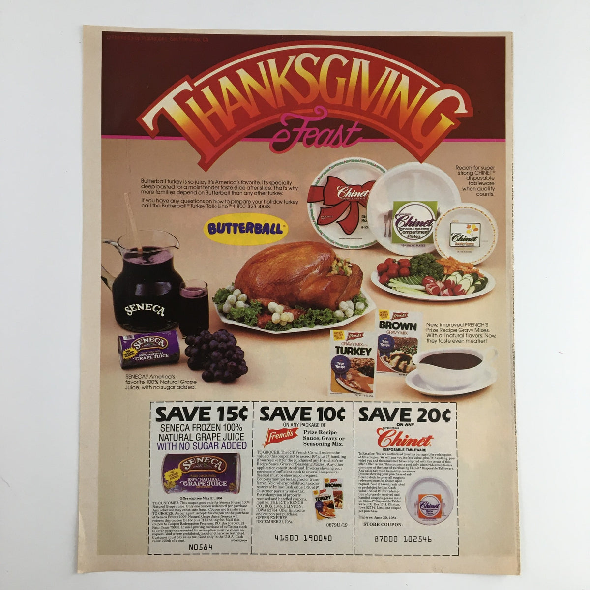 1984 Sure & Natural Super Maxishields Circular Coupon Advertisement in a vintage Thanksgiving theme. Includes images of a Thanksgiving feast, turkey, beverages, and various discounts on related food items.