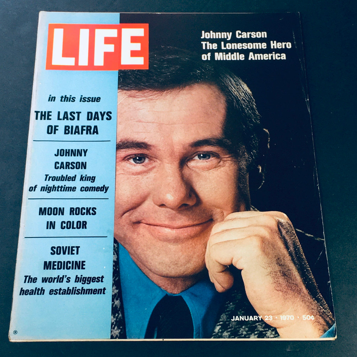 Cover of Life Magazine from January 23, 1970, featuring Johnny Carson, the troubled king of nighttime comedy, and coverage of the last days of Biafra. The cover highlights Carson's smile and includes additional topics such as moon rocks in color and Soviet medicine.