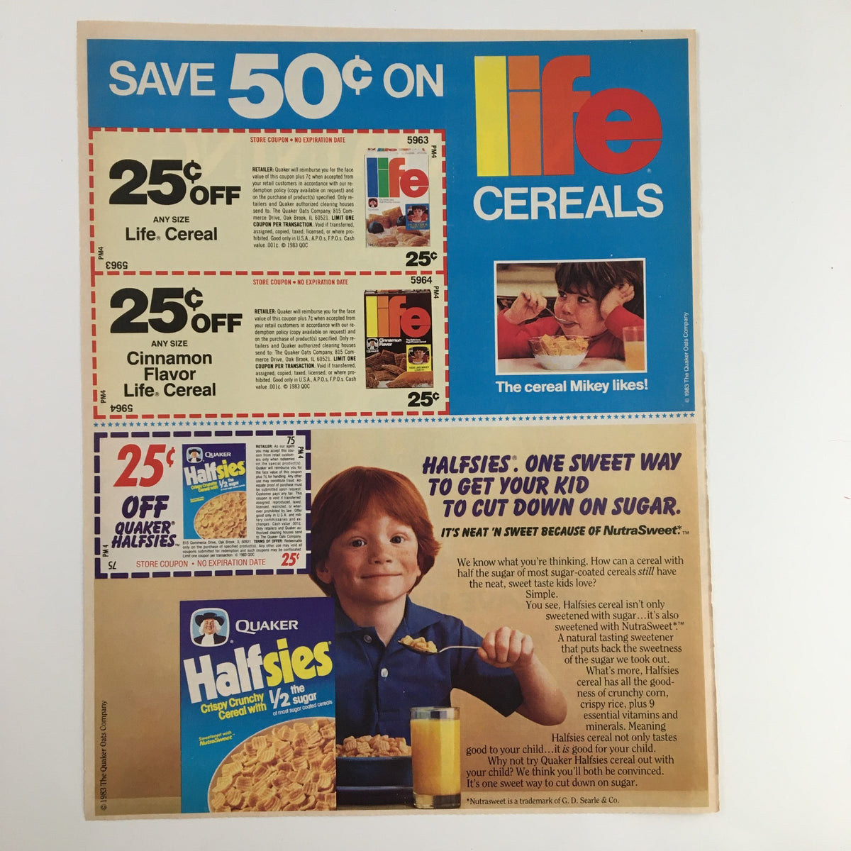 1984 Dole Holiday Entertaining at Home Circular Coupon Advertisement showing savings on Life cereals, featuring coupons and a cheerful child enjoying milk and cereal, emphasizing family-friendly holiday entertaining.