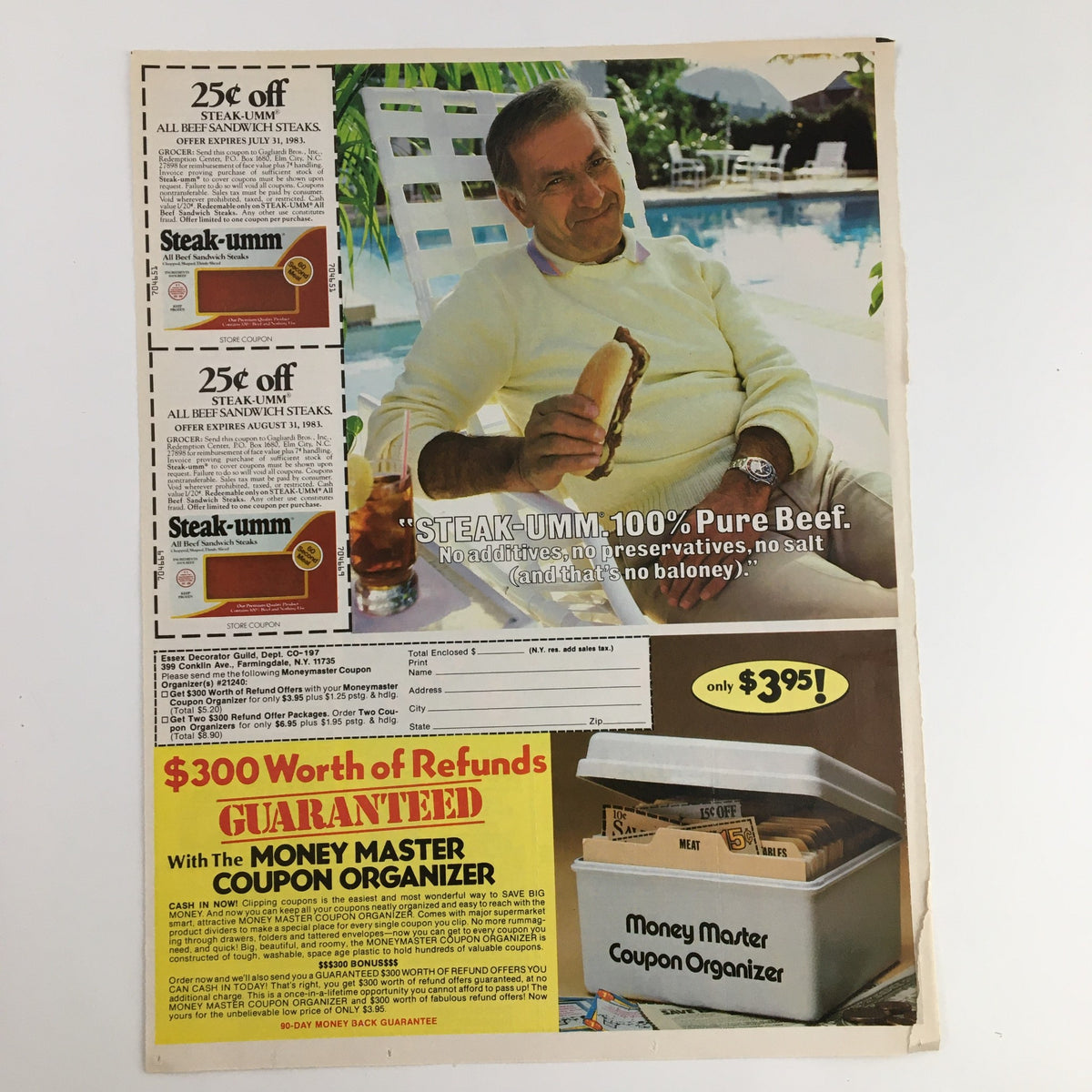 1983 advertisement featuring a coupon for Steak-umm products alongside a man eating a sandwich by the pool, highlighting product savings and the Money Master Coupon Organizer.