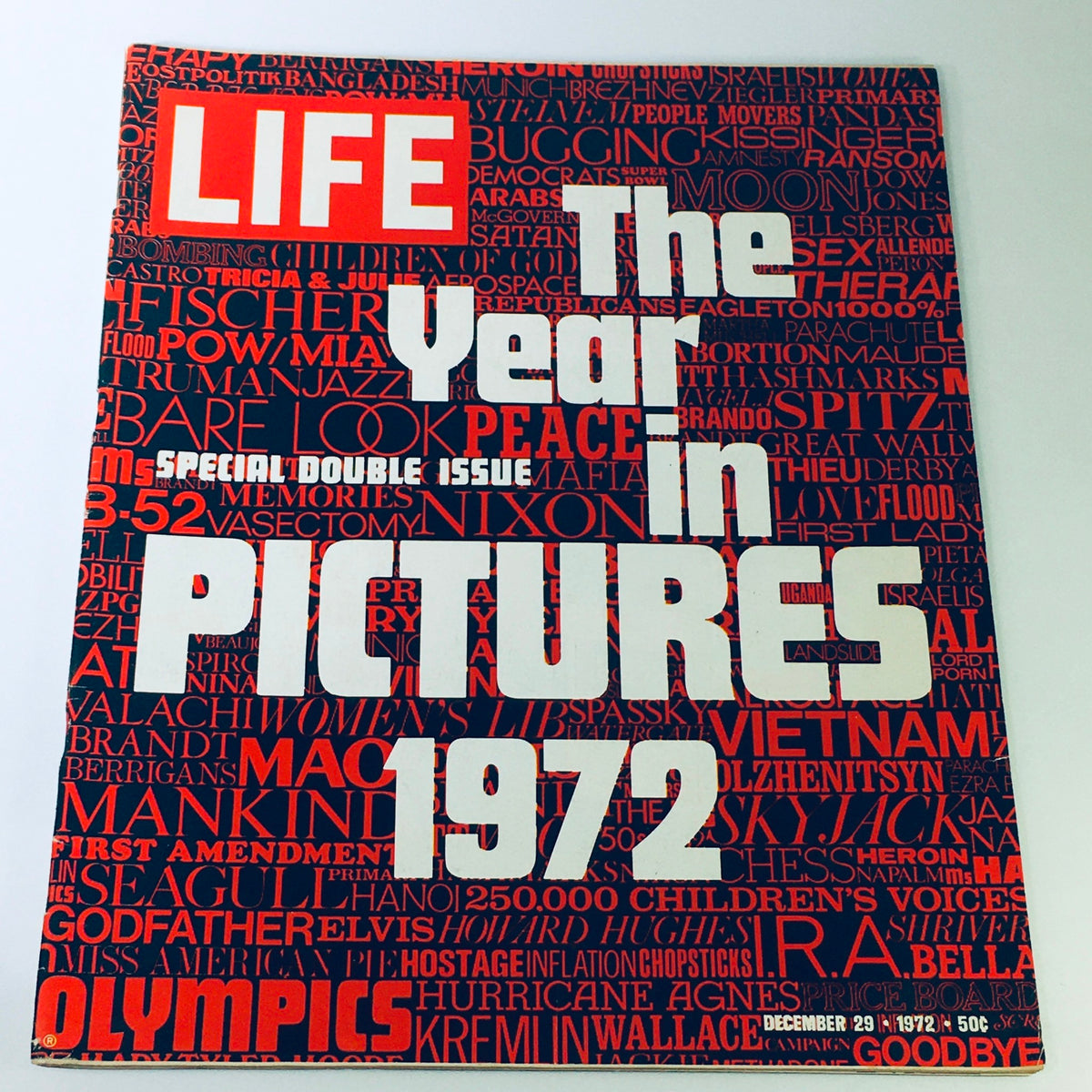 Cover of VTG Life Magazine December 29 1972 - The Year in Pictures of Year 1972 Issue, featuring bold text in white and red against a patterned background highlighting significant events and cultural milestones from that year.