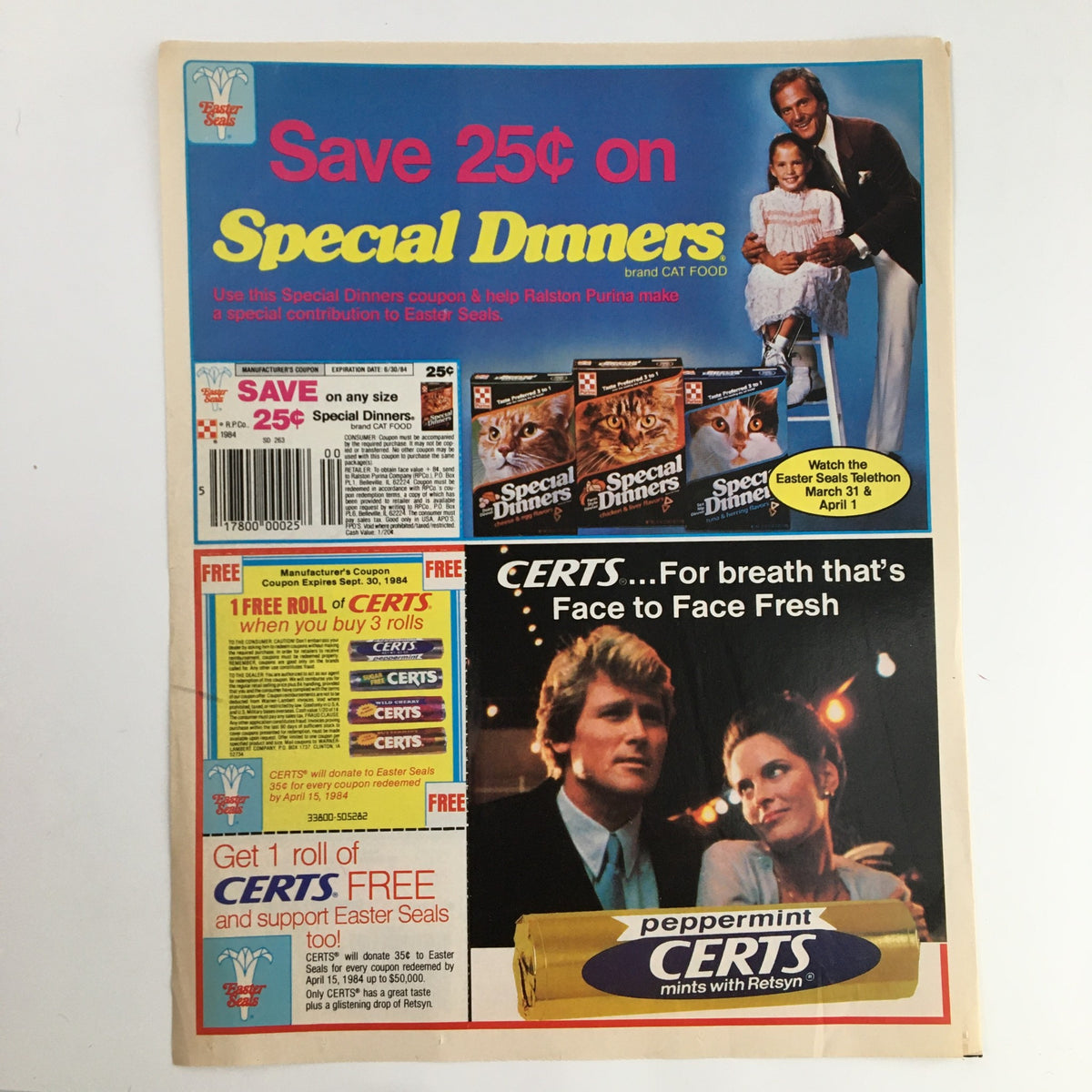 1984 Post Raisin Bran Circular Coupon Advertisement showcasing a Special Dinners coupon for cat food, highlighting a father and daughter while promoting support for Easter Seals.