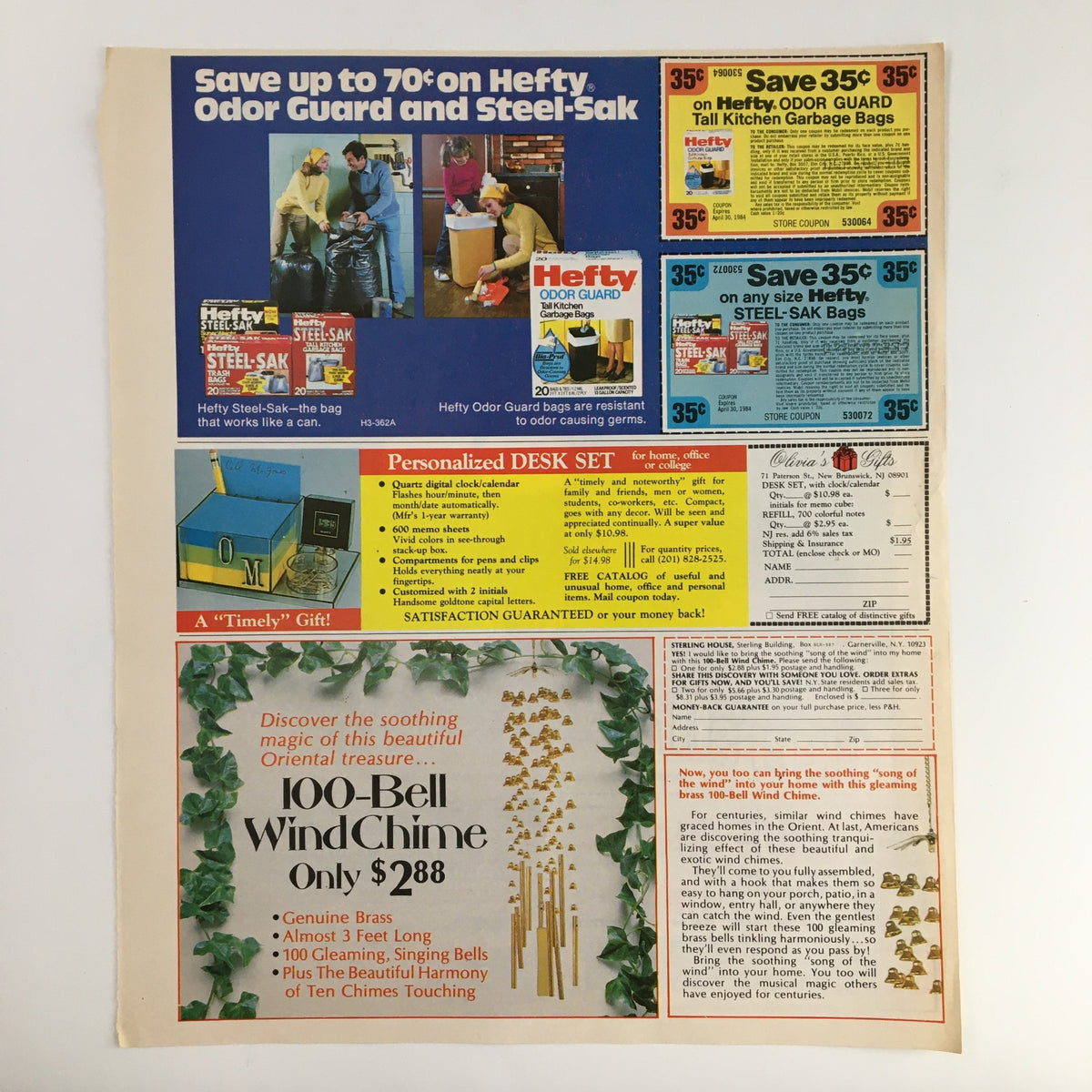 Promotional advertisement offering up to 70% off on Hefty Odor Guard and Steel-Sak bags, displaying various products and a personalized desk set, including a call for unique gifts, with a vibrant layout.