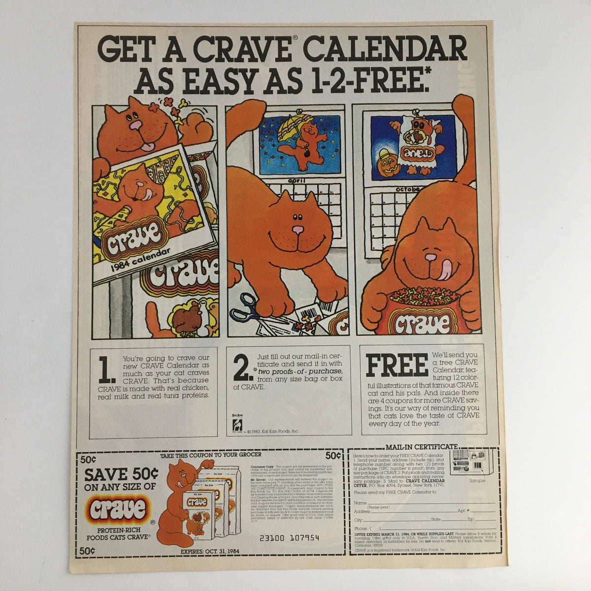 1983 Crave Calendar advertisement depicting playful cats and a promotional offer for a calendar, showcasing a nostalgic cartoon style.